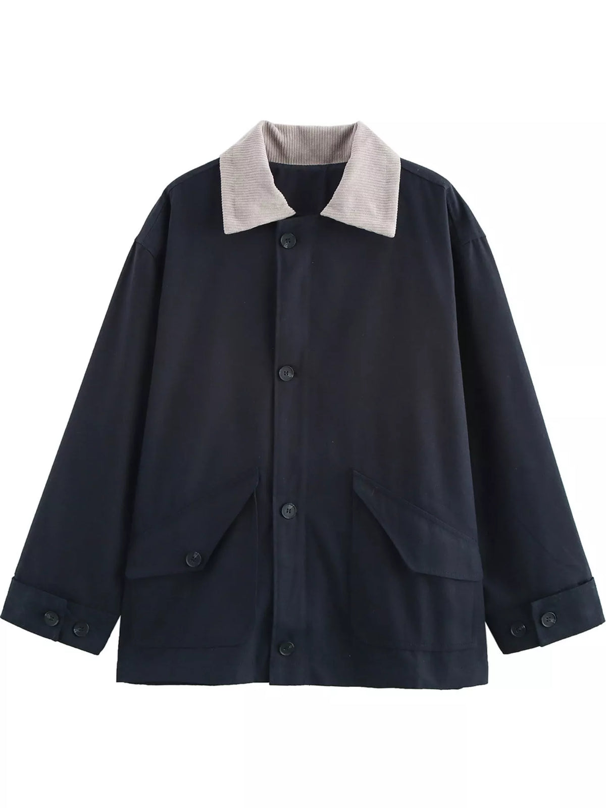 Navy contrast corduroy collar button-up jacket — front view