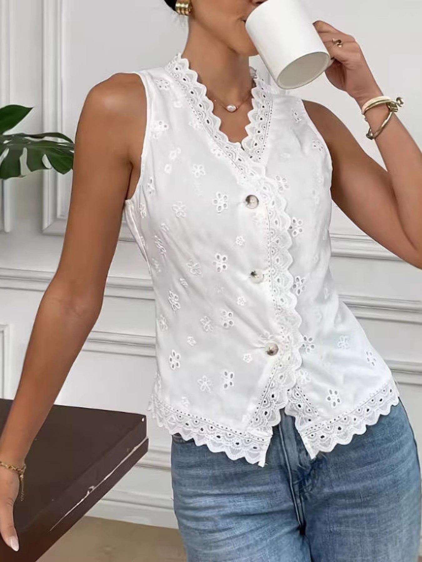 Trendsi Eyelet Embroidered Button-Front Tank -