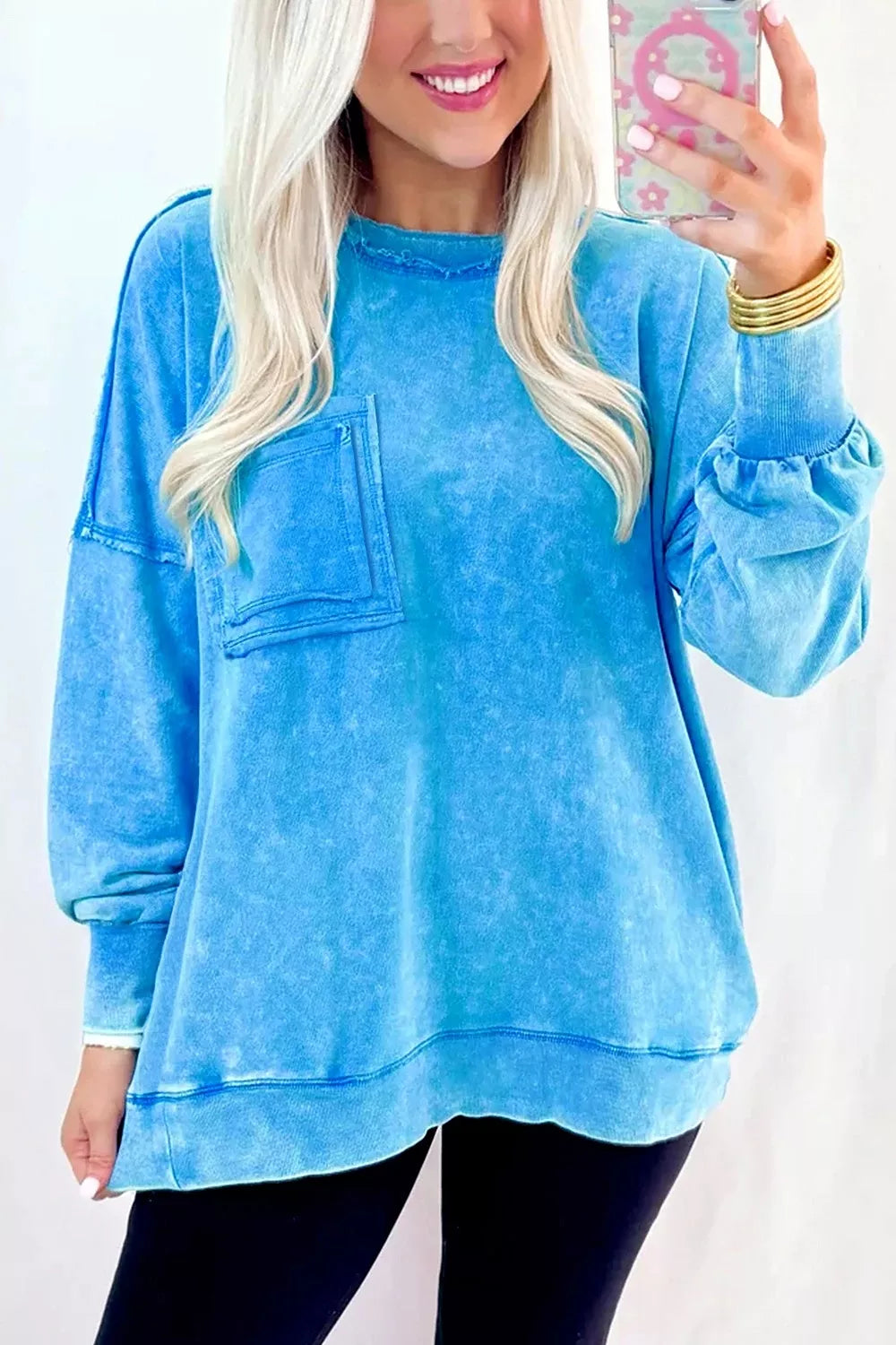Trendsi Mineral Wash Oversized Sweatshirt with Chest Pocket -