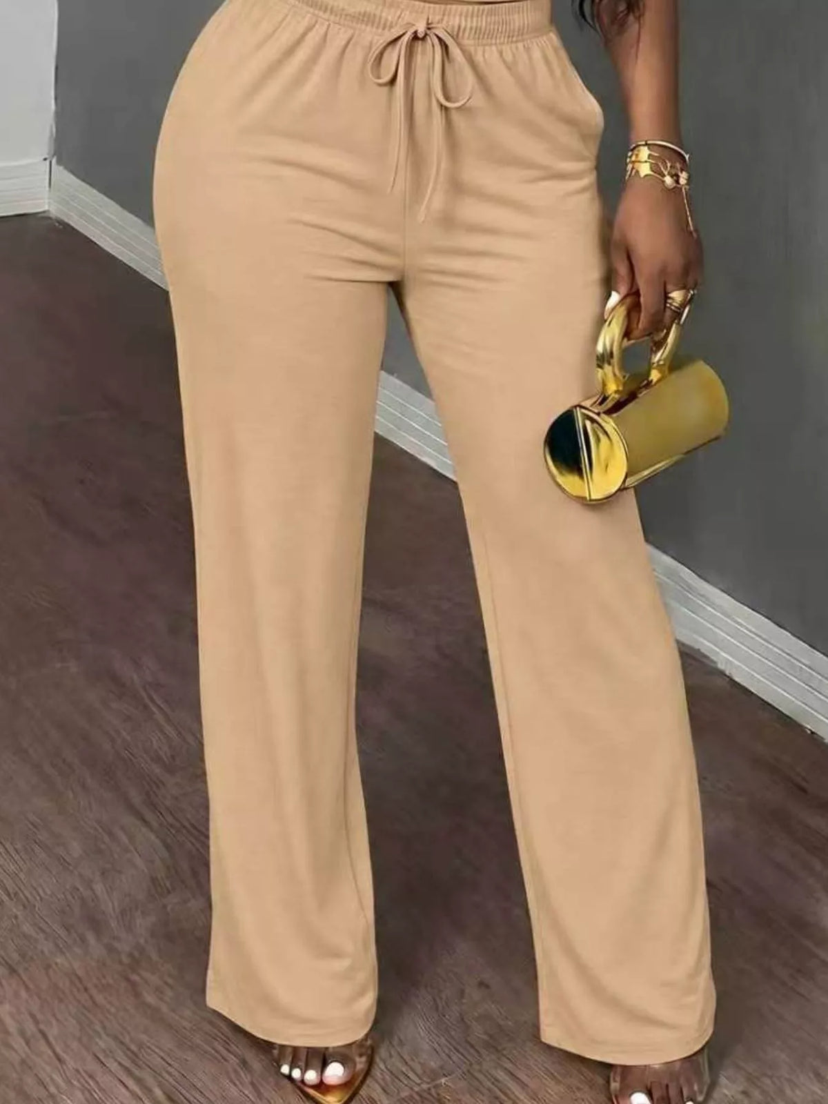 Light Brown Short Sleeve Top and Wide-Leg Pants Set, pants detail