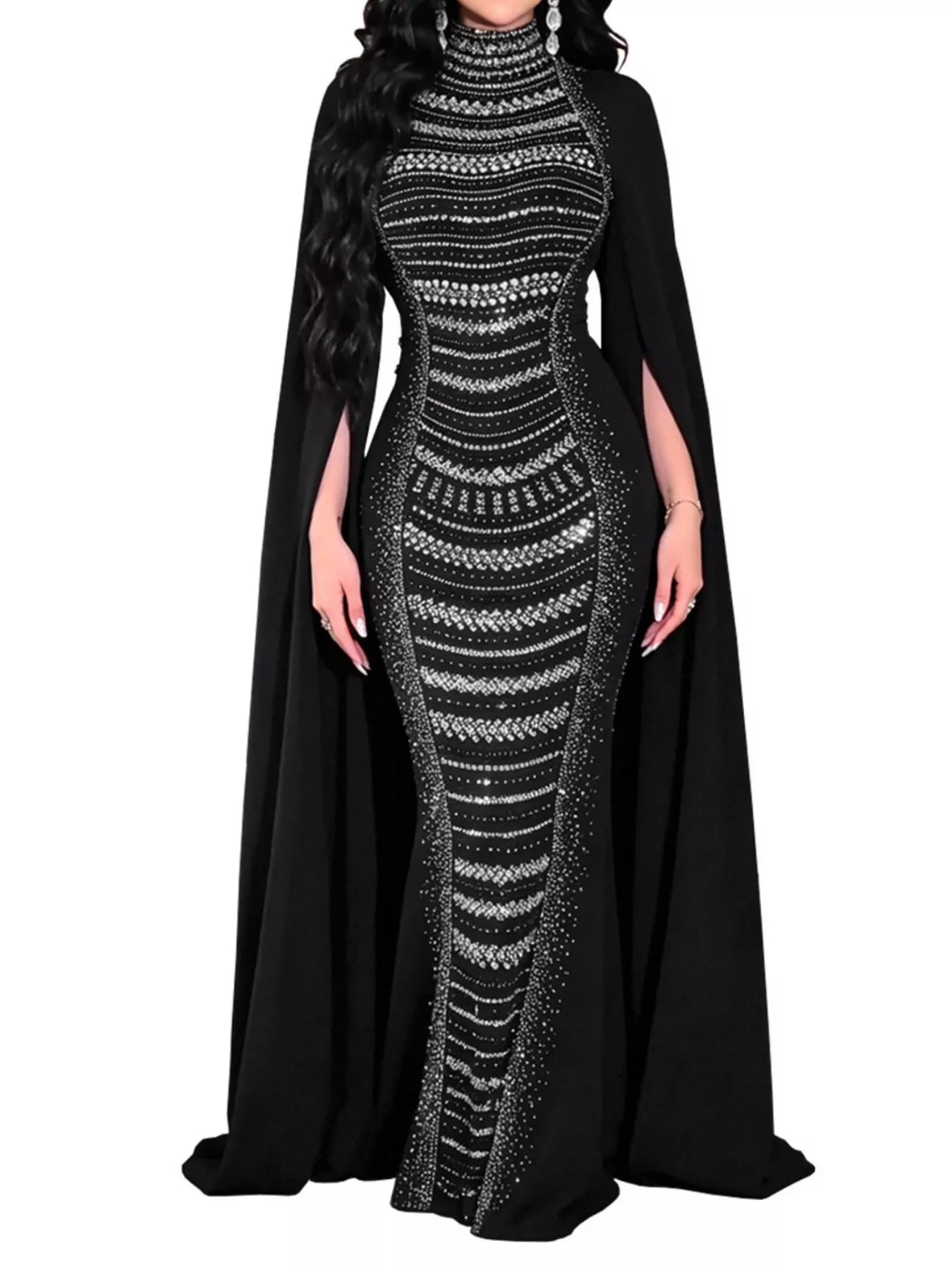 Trendsi Rhinestone Slit Flare Sleeve Cape Maxi Dress -