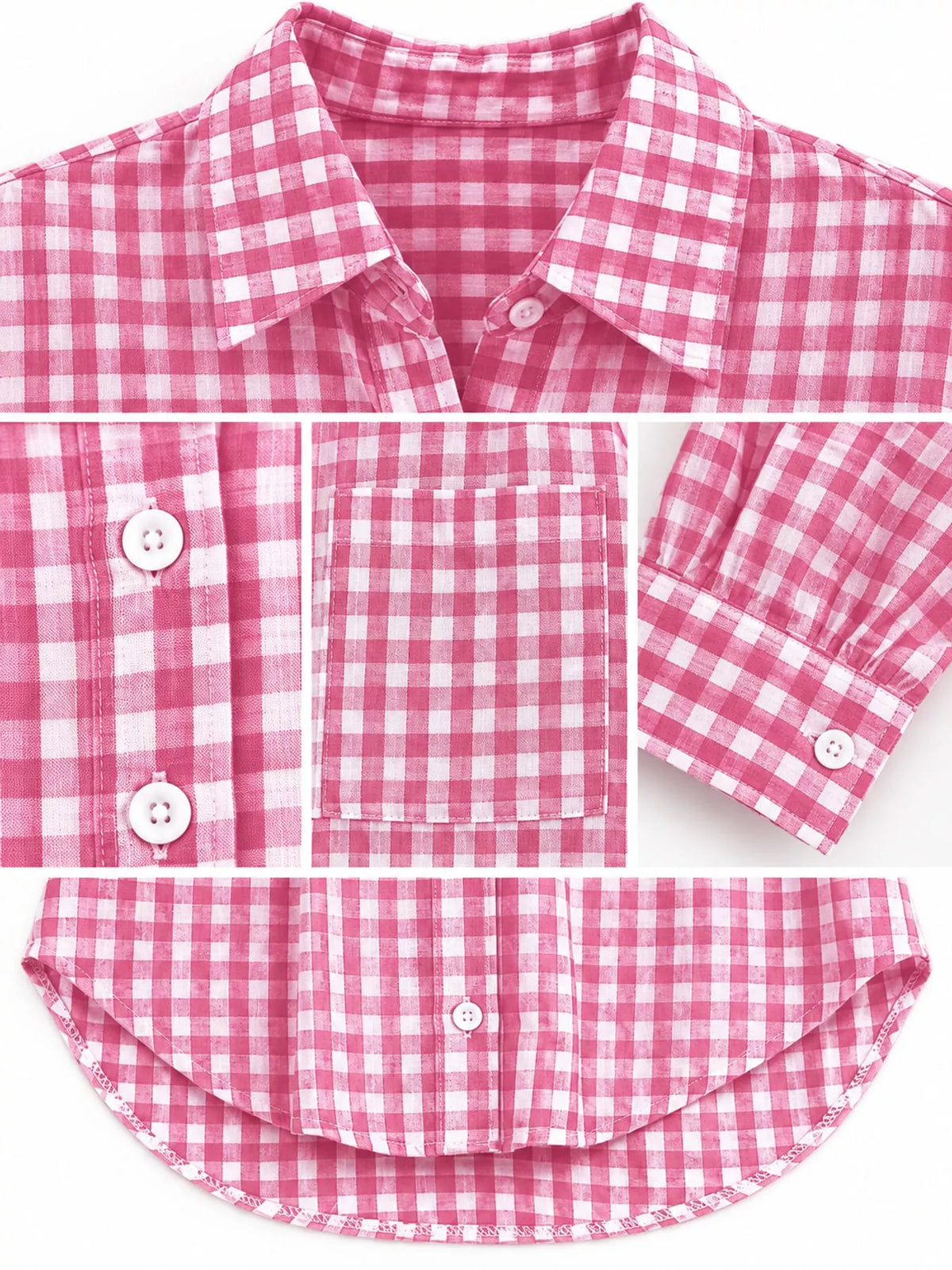 Pink and white plaid button-down shirt, collar, buttons, chest pocket, cuff, and curved hem close-ups