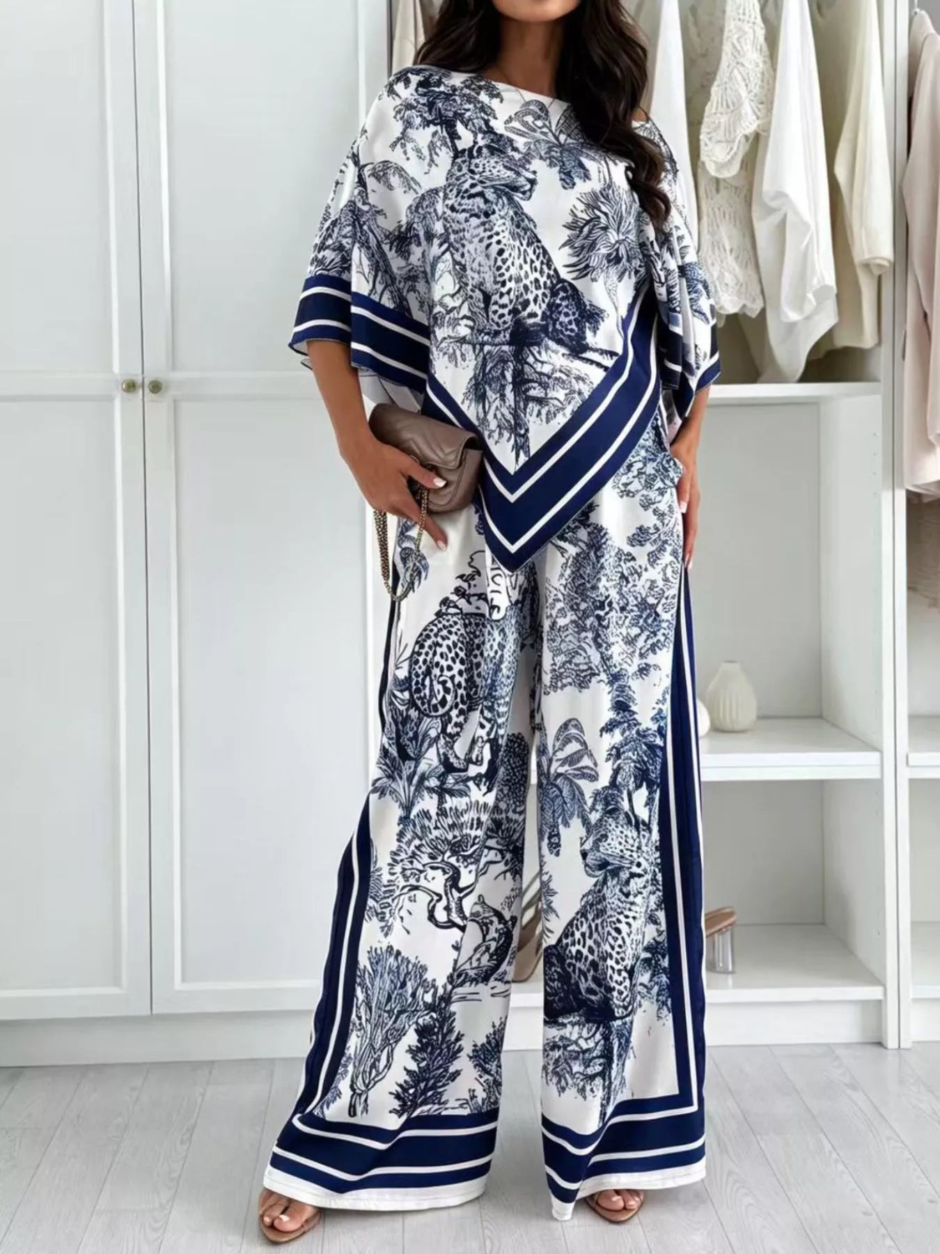 Trendsi Asymmetrical Printed Top and Wide-Leg Pants Set -
