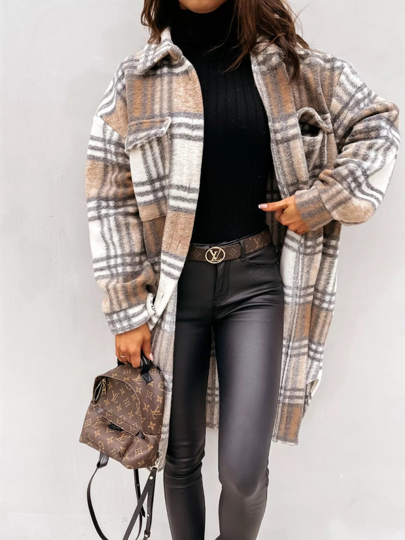 Trendsi Longline Plaid Button Up Coat -