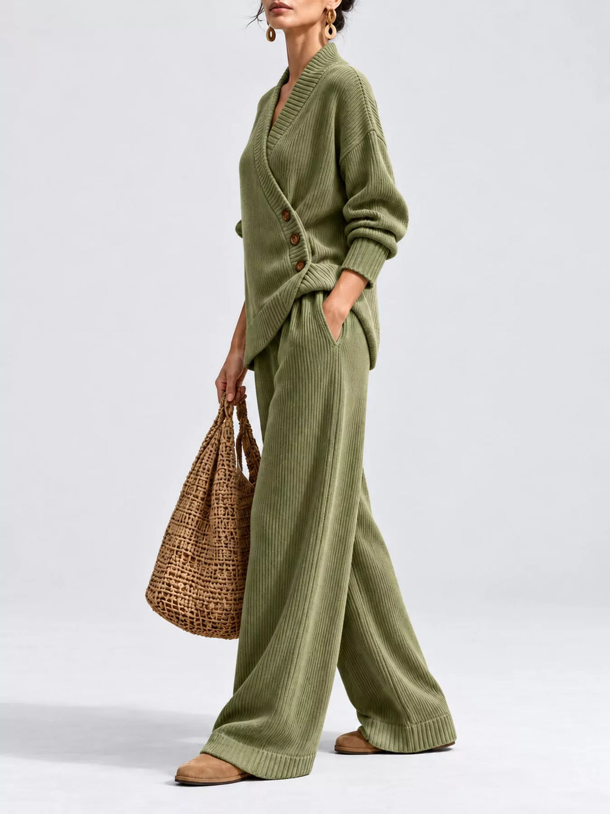 V-Neck Wrap Sweater and Wide-Leg Pants Set — side view