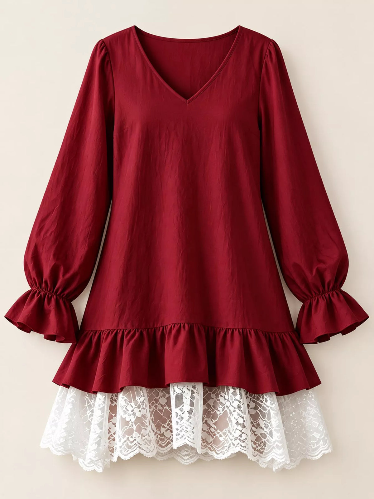 Lace-hem dress, burgundy flat front
