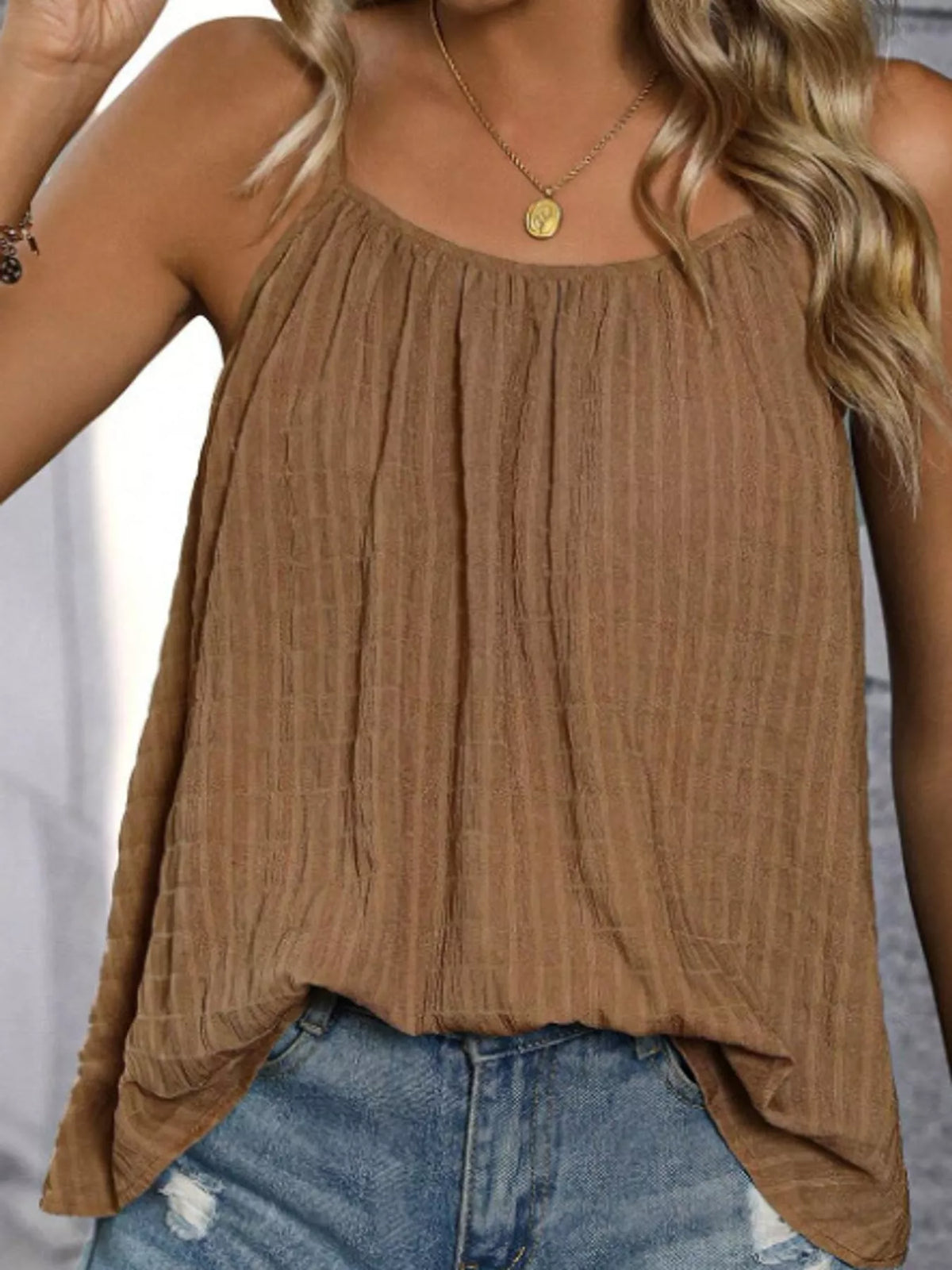 Brown textured cami, gathered neckline and crinkled fabric