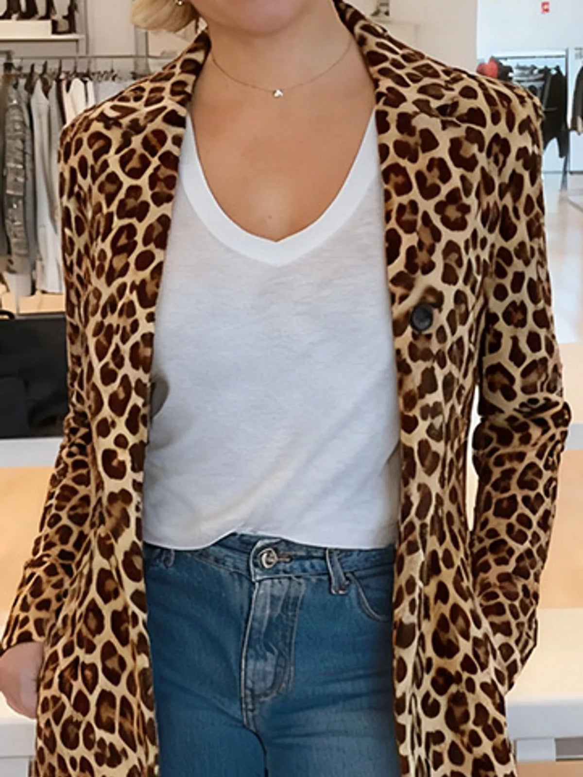 Leopard-print long-sleeve coat, garment detail