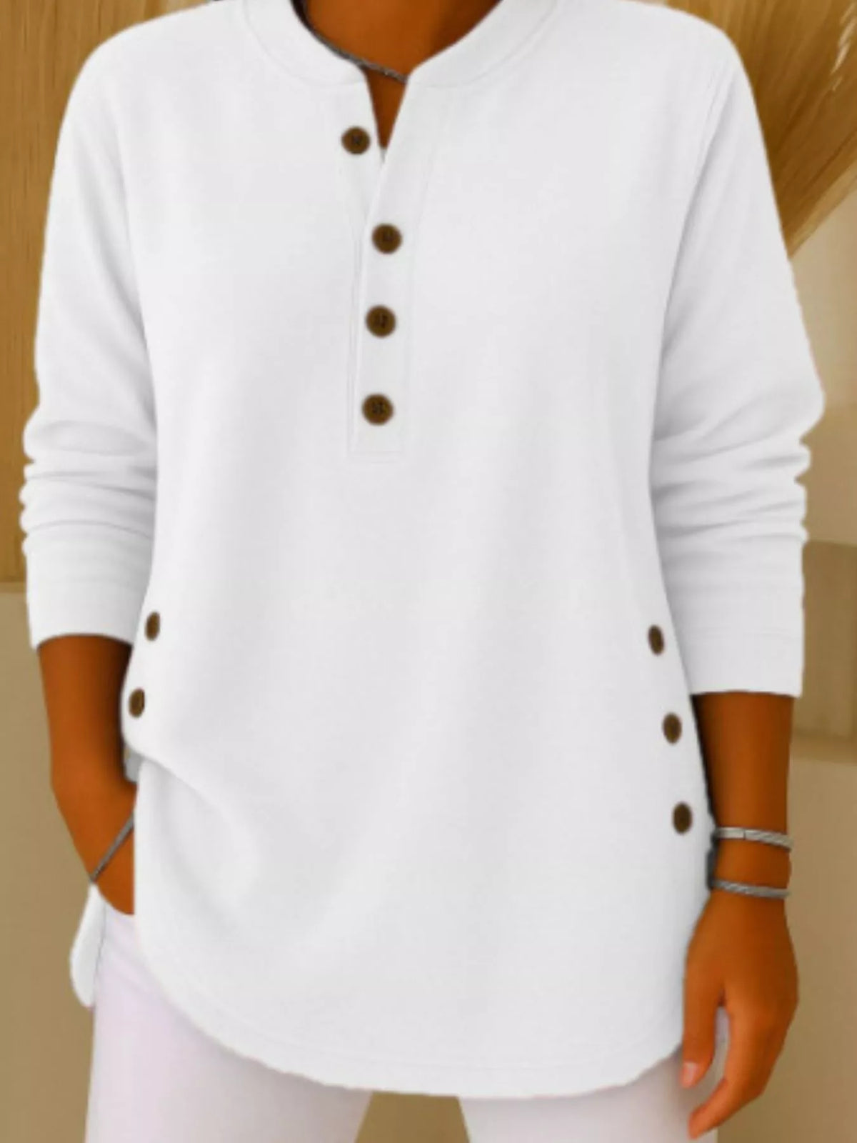 Women's Button Detail Corduroy Top in White, front view