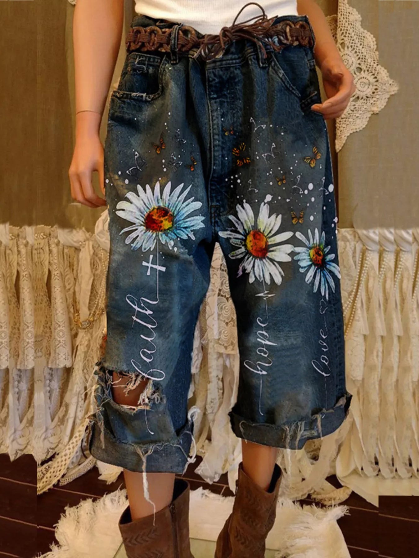 Trendsi Full Size Floral Distressed Cropped Jeans Plus Size -