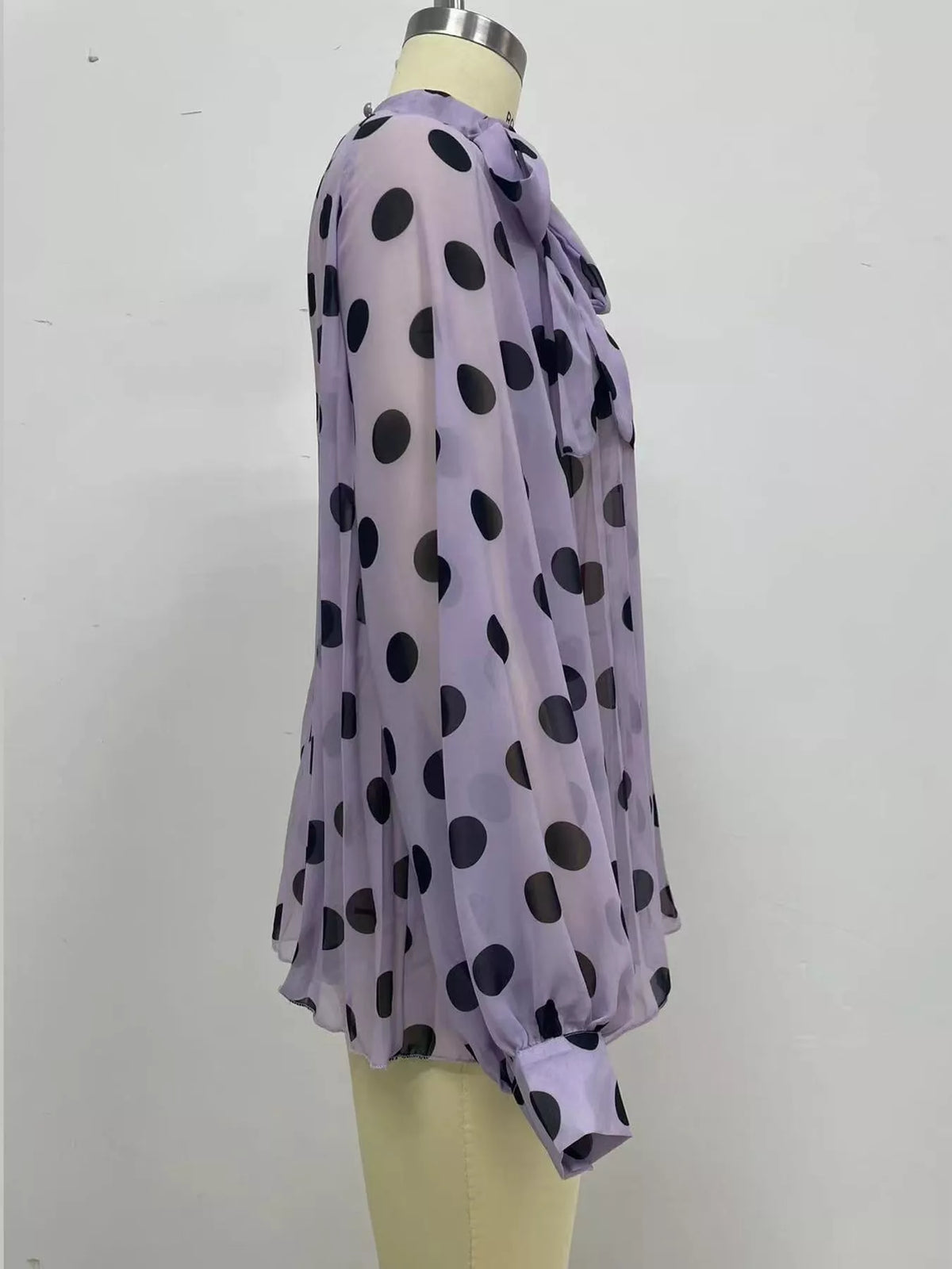 Light Purple polka dot long sleeve blouse, detail view