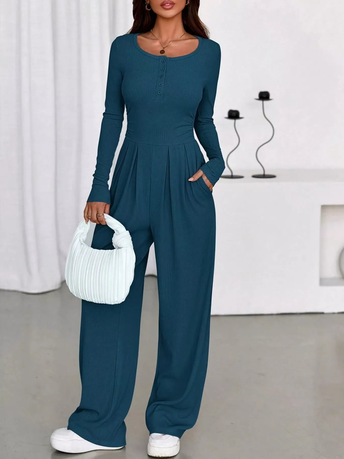 Long Sleeve Ribbed Knit Wide-Leg Jumpsuit — front view