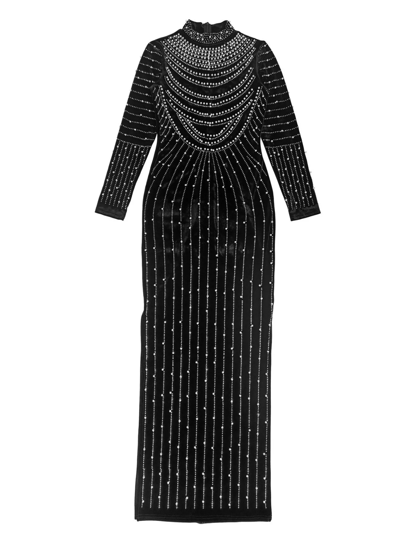 Trendsi Rhinestone Embellished Mock Neck Long Sleeve Maxi Dress -