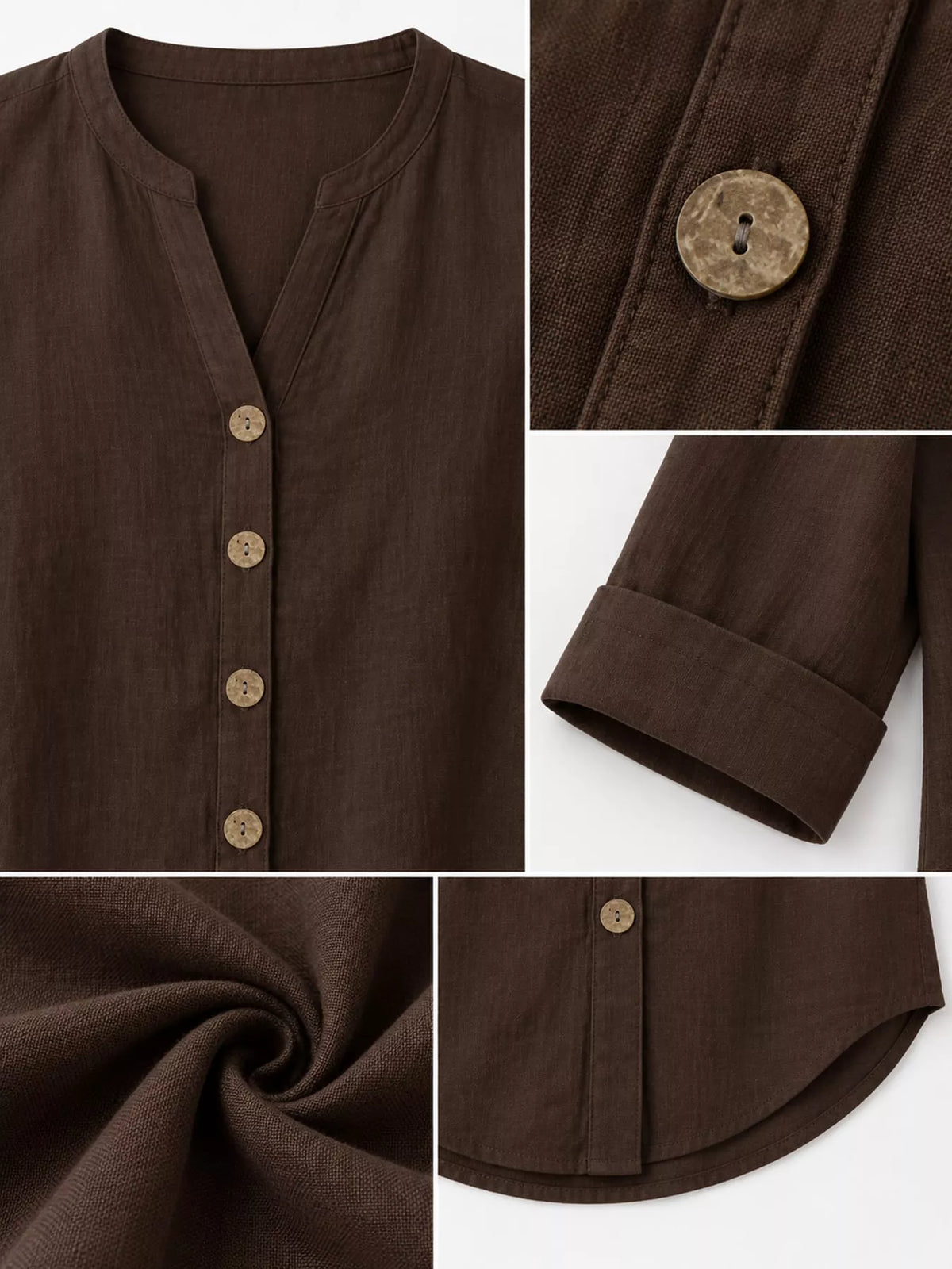 Notched-neck shirt, brown neckline button cuff and hem details