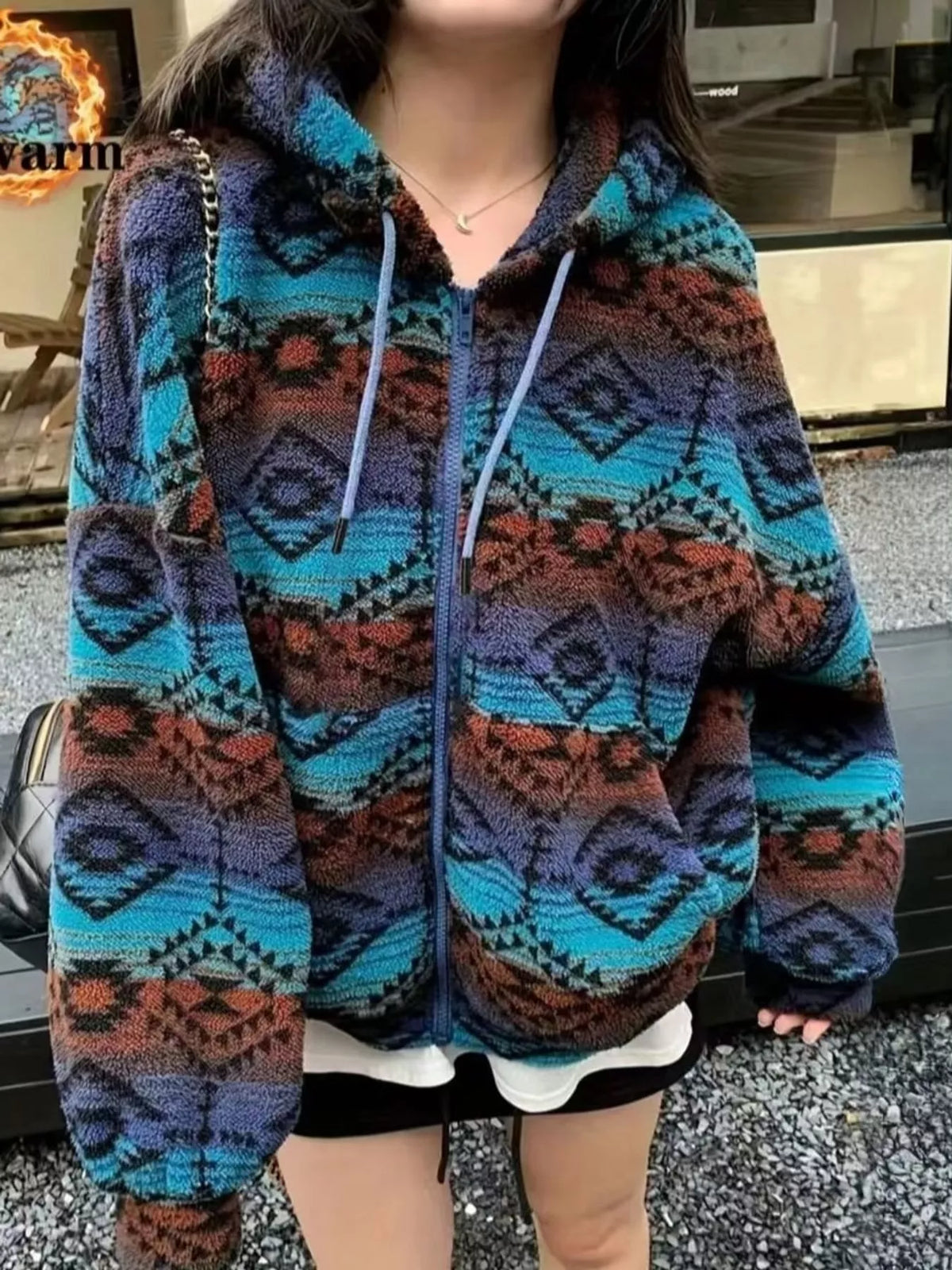 Geometric Pattern Fleece Zip-Up Jacket in blue-single piece jacket, front view