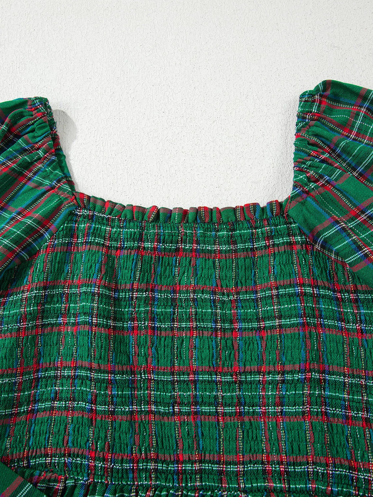 Dark Green plaid square neck puff sleeve tie-waist midi dress