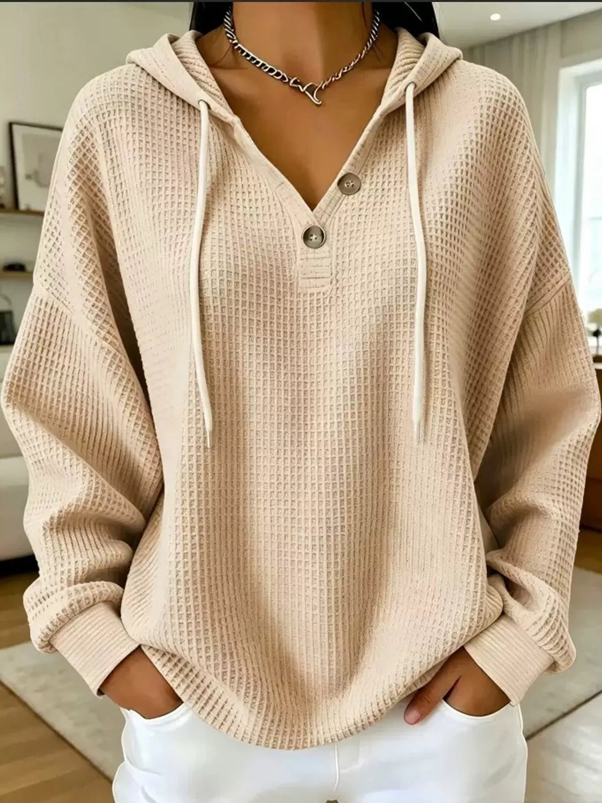Waffle-knit hoodie, beige front