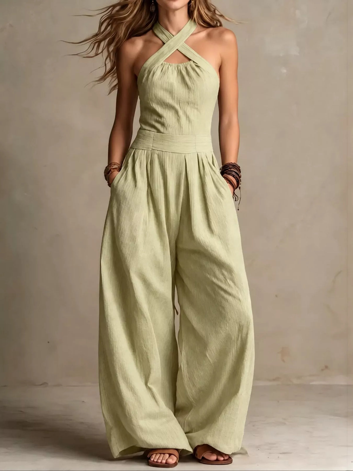 Wide-leg jumpsuit, sage front