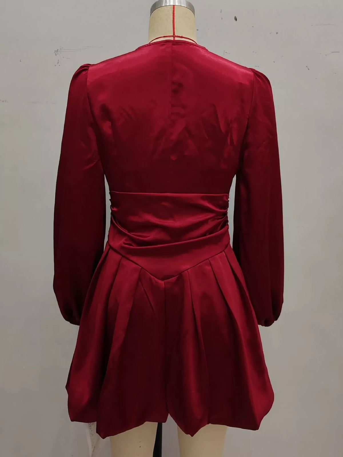 Red Ruched V-Neck Balloon-Sleeve Mini Dress back view on mannequin