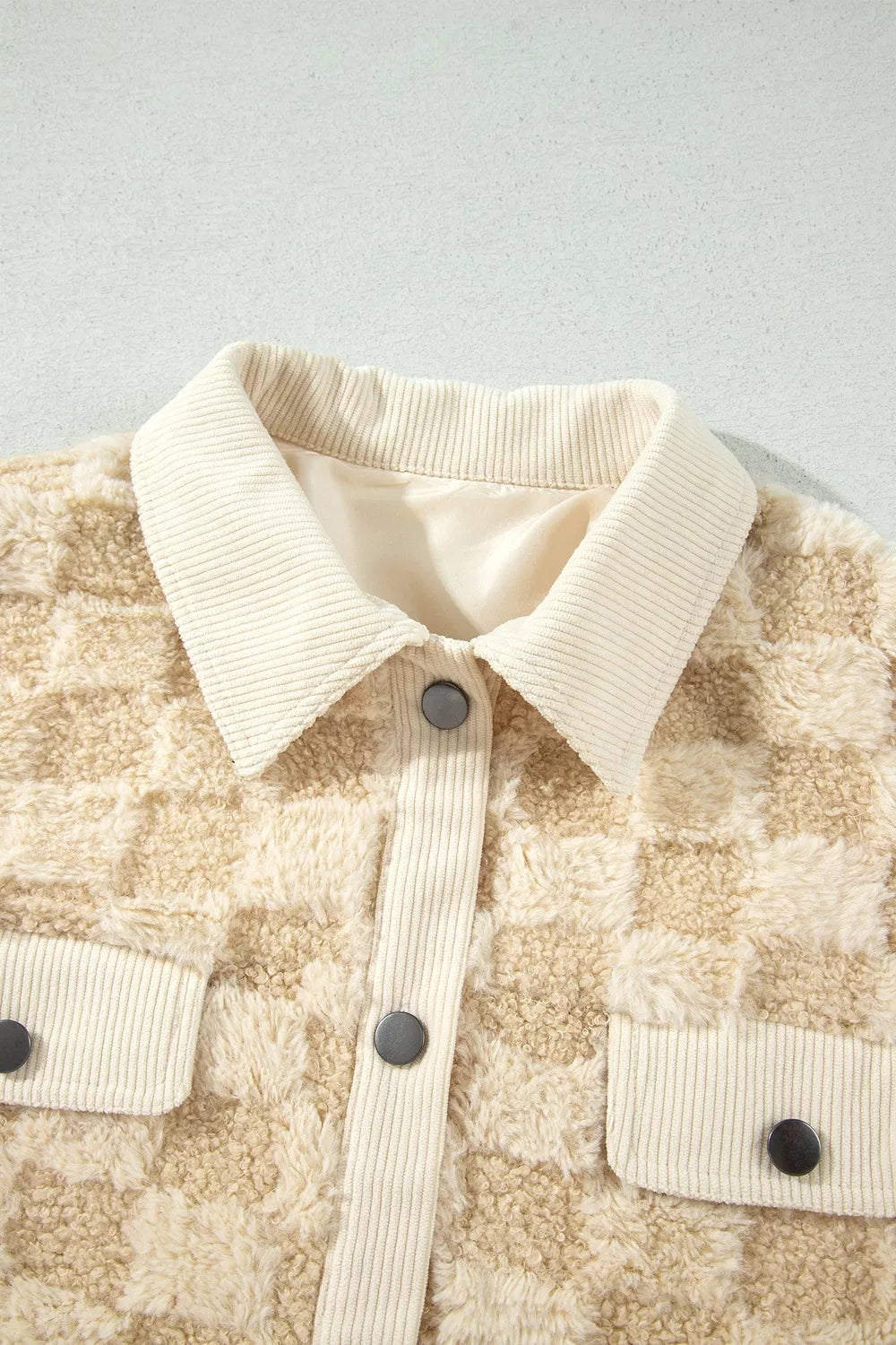 Trendsi Plush Checkered Corduroy Trim Metal Button Long Sleeve Shift Silhouette Shacket -
