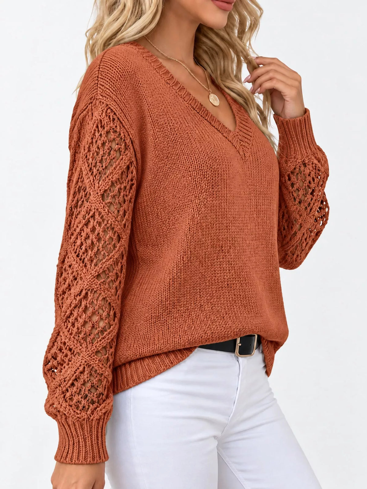 Orange v neck openwork long sleeve sweater, side view