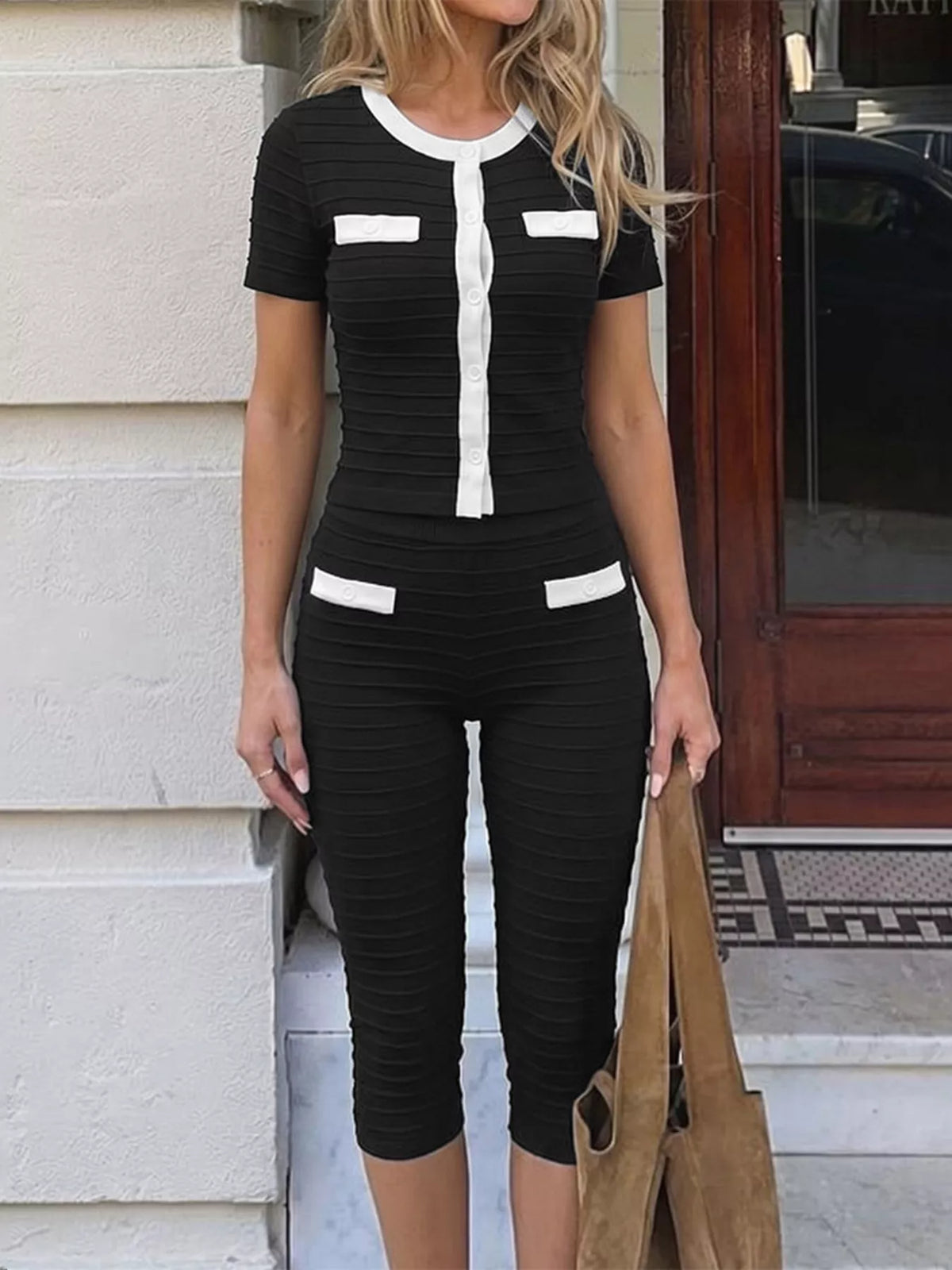 Contrast Trim Short Sleeve Top and Capris Set in black and white, front view