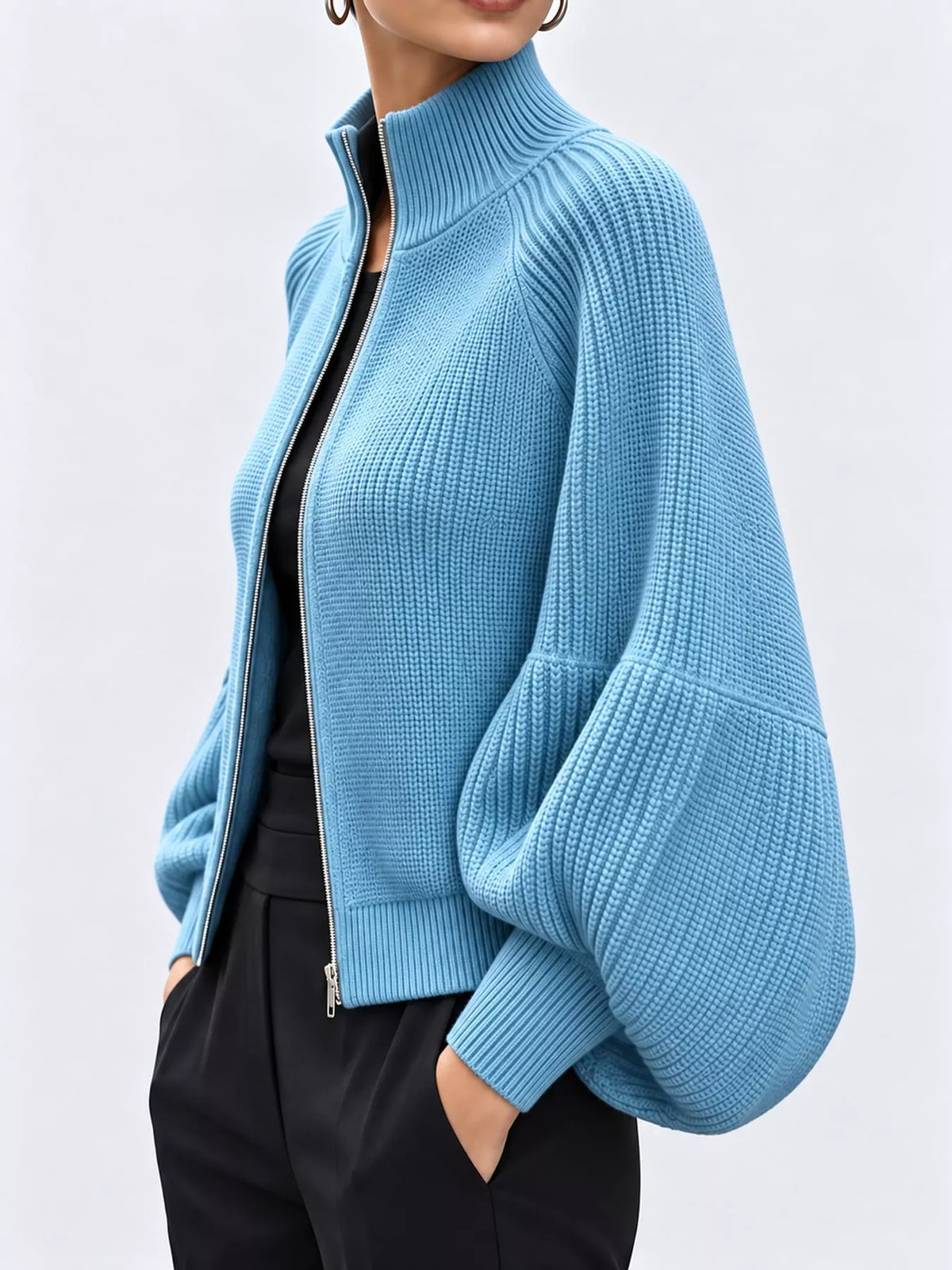 Sky Blue ribbed knit zip-up lantern sleeve cardigan