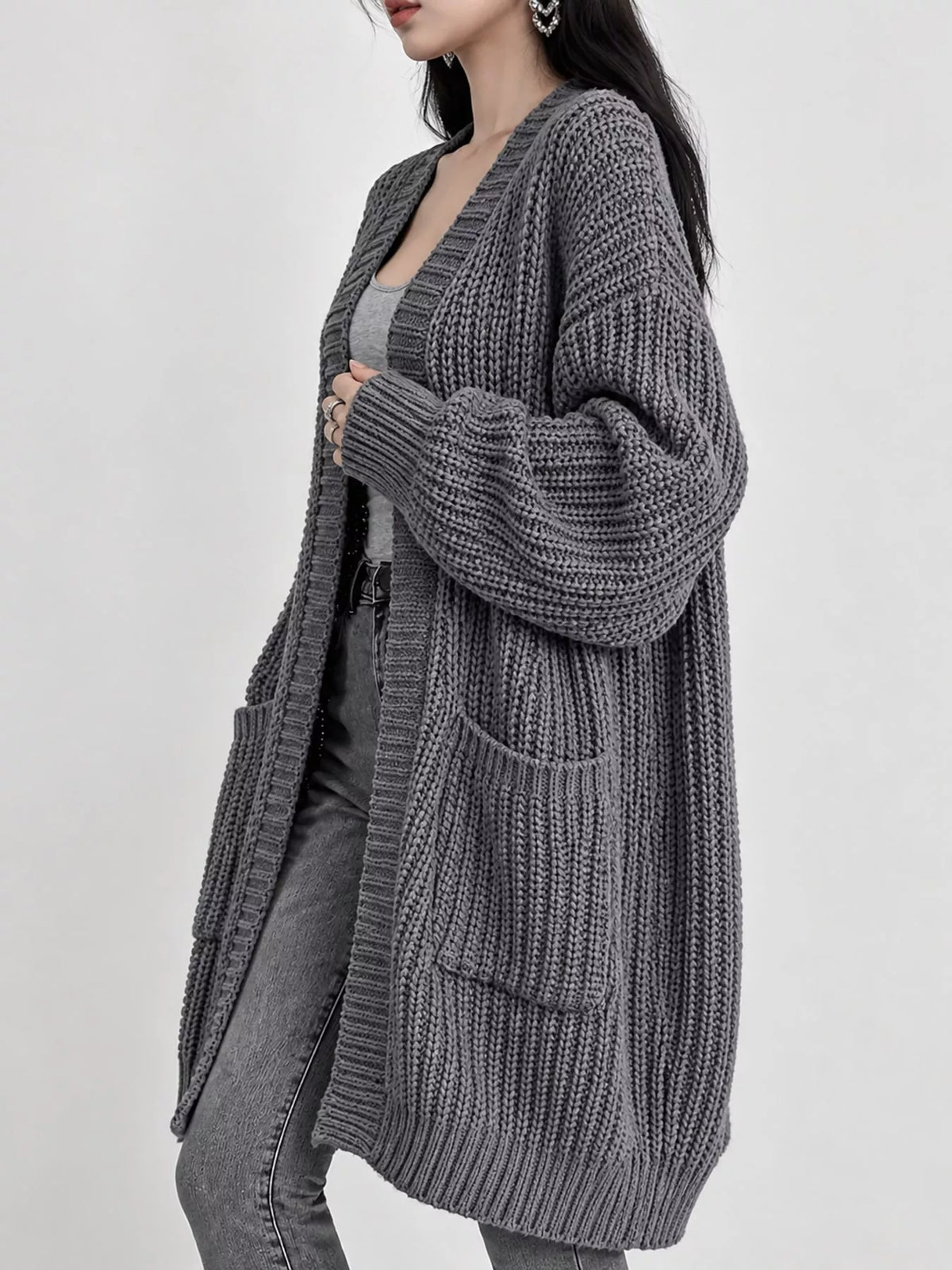 Longline knit cardigan, gray side