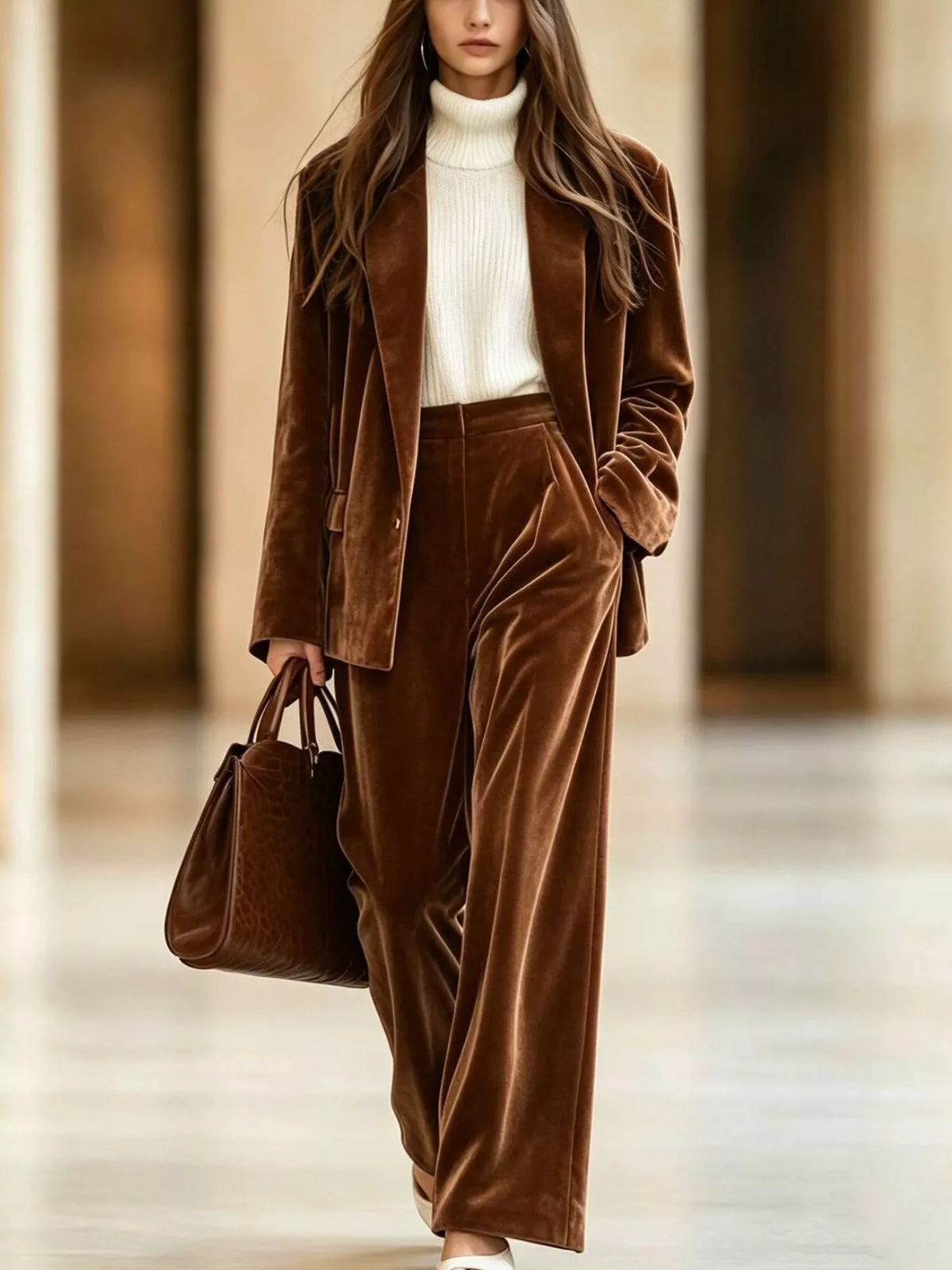 Brown velvet blazer and wide-leg pants set, full front view