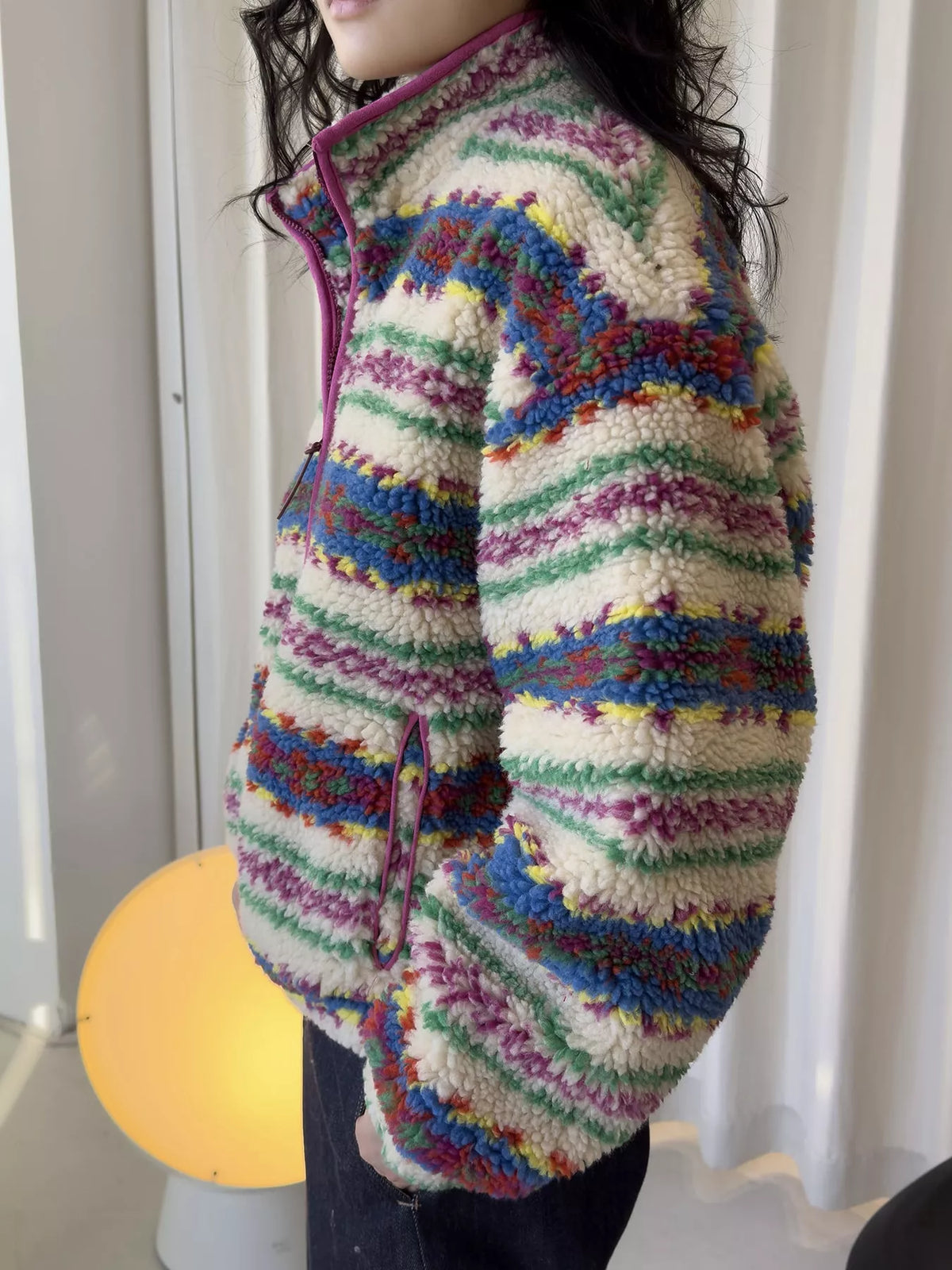 Multicolor colorful patterned sherpa zip up jacket, side view