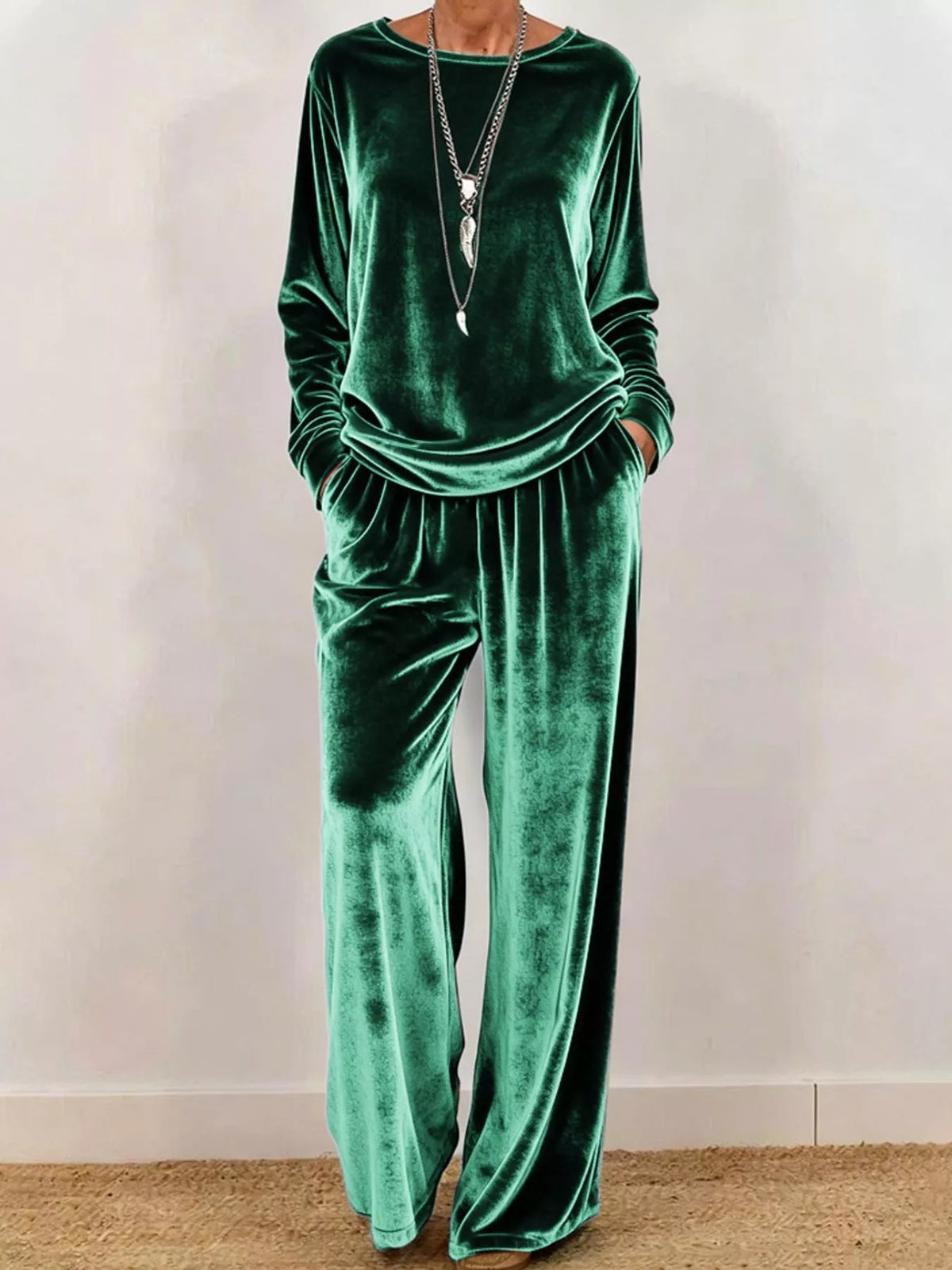 Velvet Long Sleeve Top and Wide-Leg Pants Set — front view