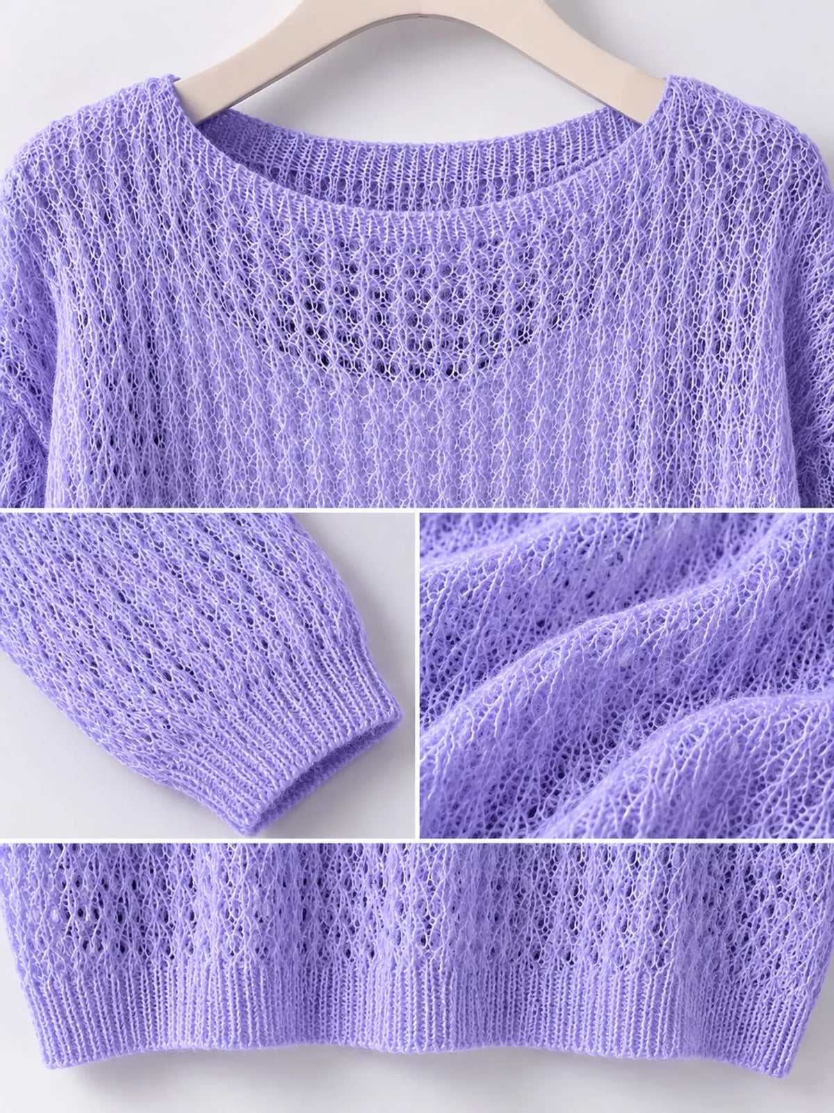 Purple openwork knit cover-up top, detail view