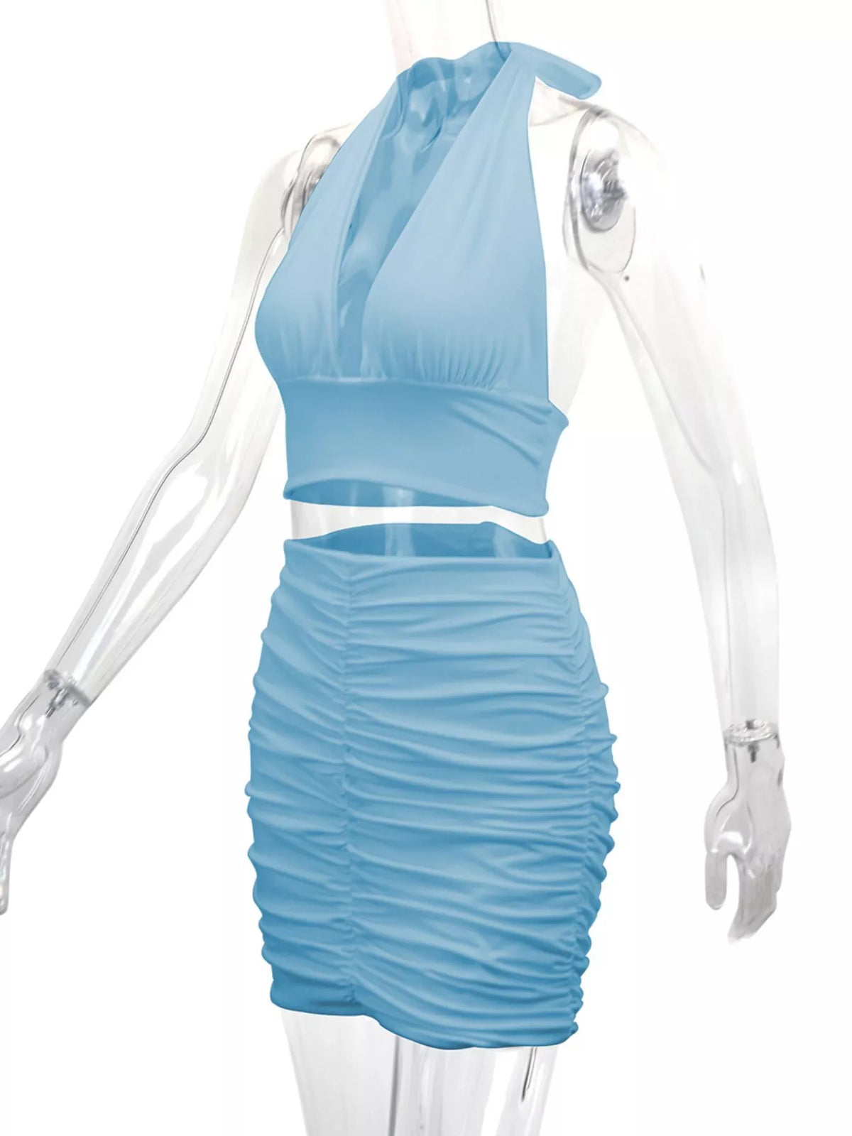 Blue halter crop top and ruched bodycon mini skirt set, side view