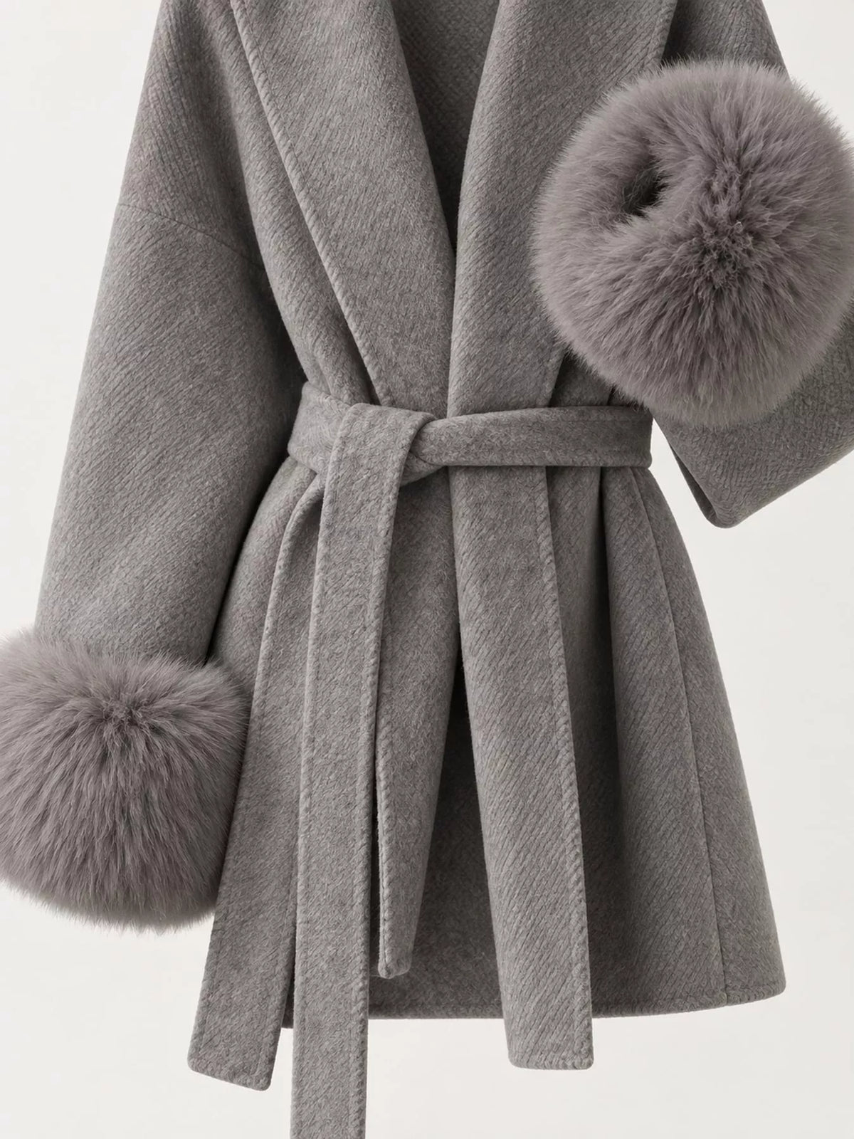 Gray tie-waist coat with faux fur cuffs — design and construction details