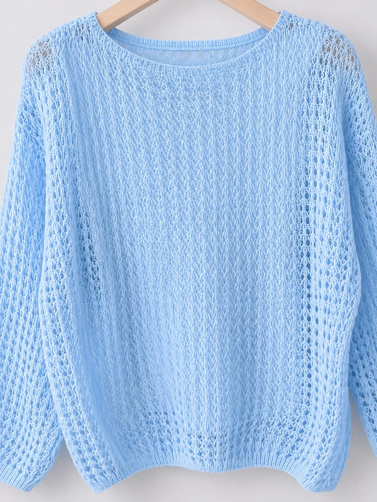Azure Blue openwork knit cover-up top, detail view