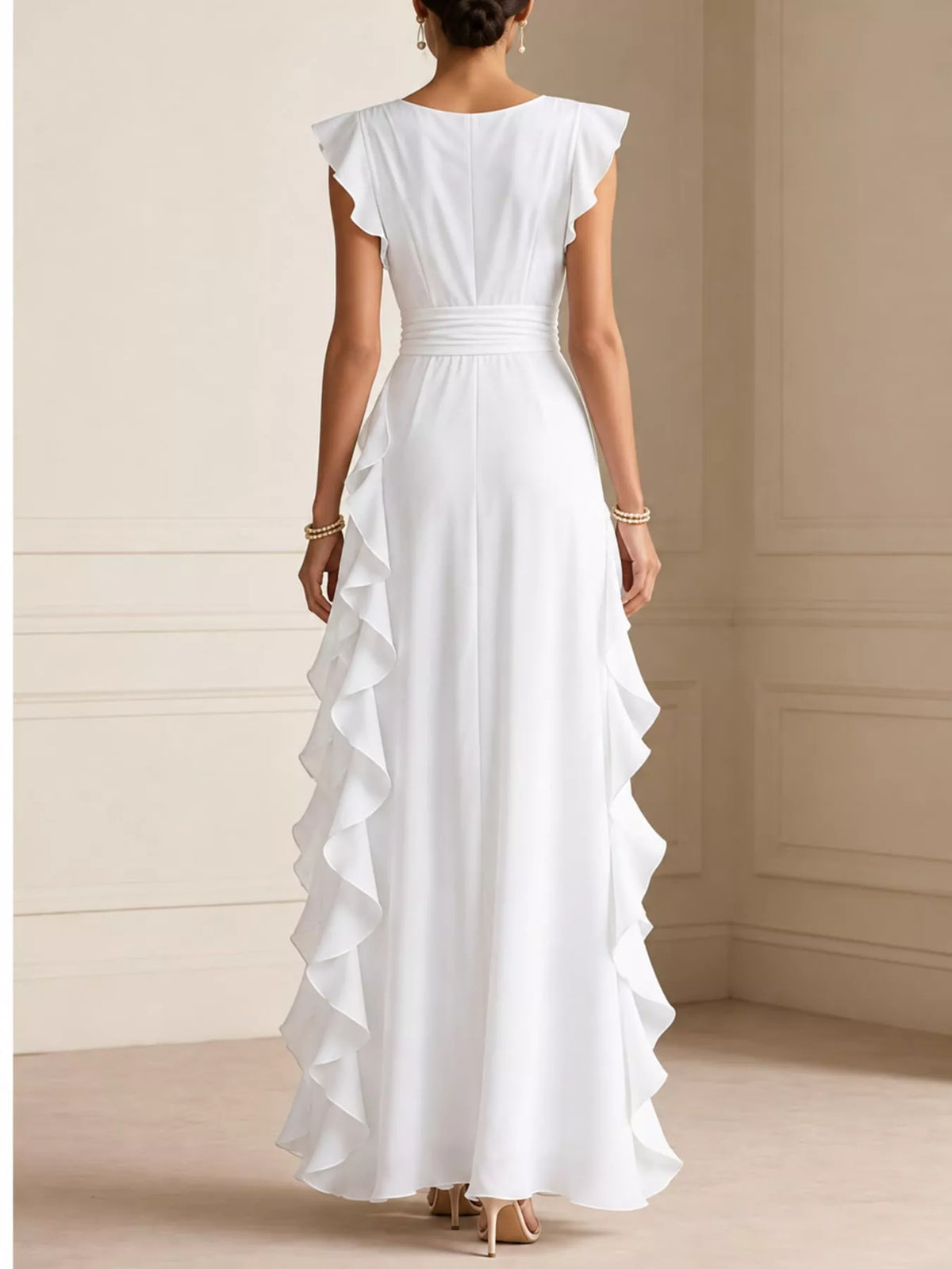 White ruffled surplice maxi dress, back view