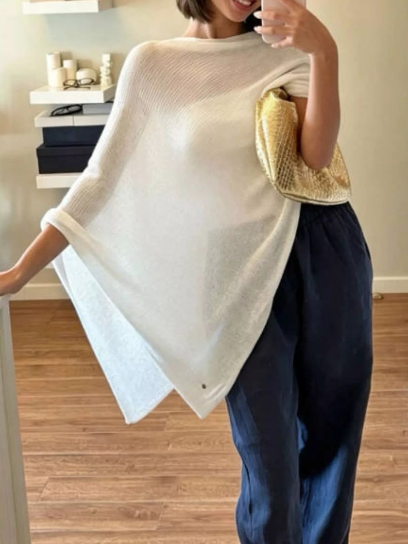 Trendsi Lightweight Sheer Cropped Knit Poncho Cover-Up -