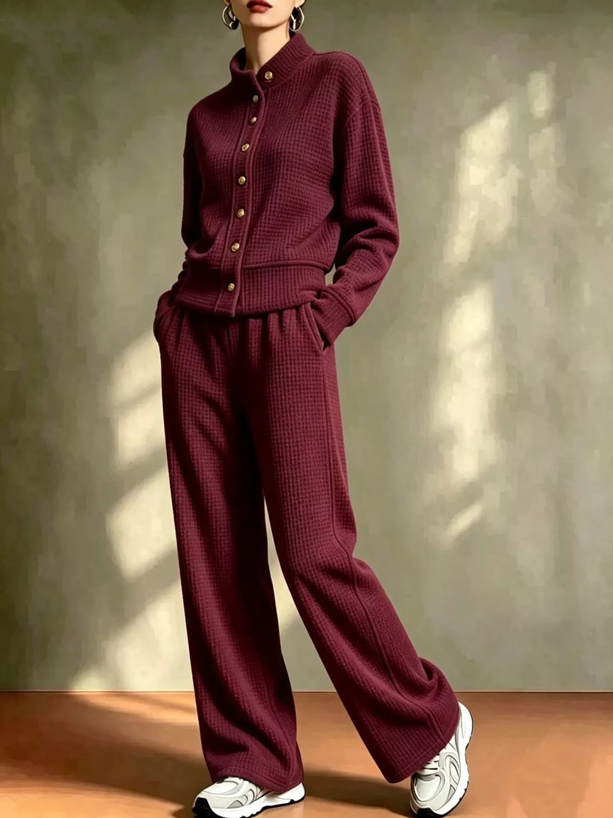 Burgundy waffle knit button-up outerwear and wide-leg pants set