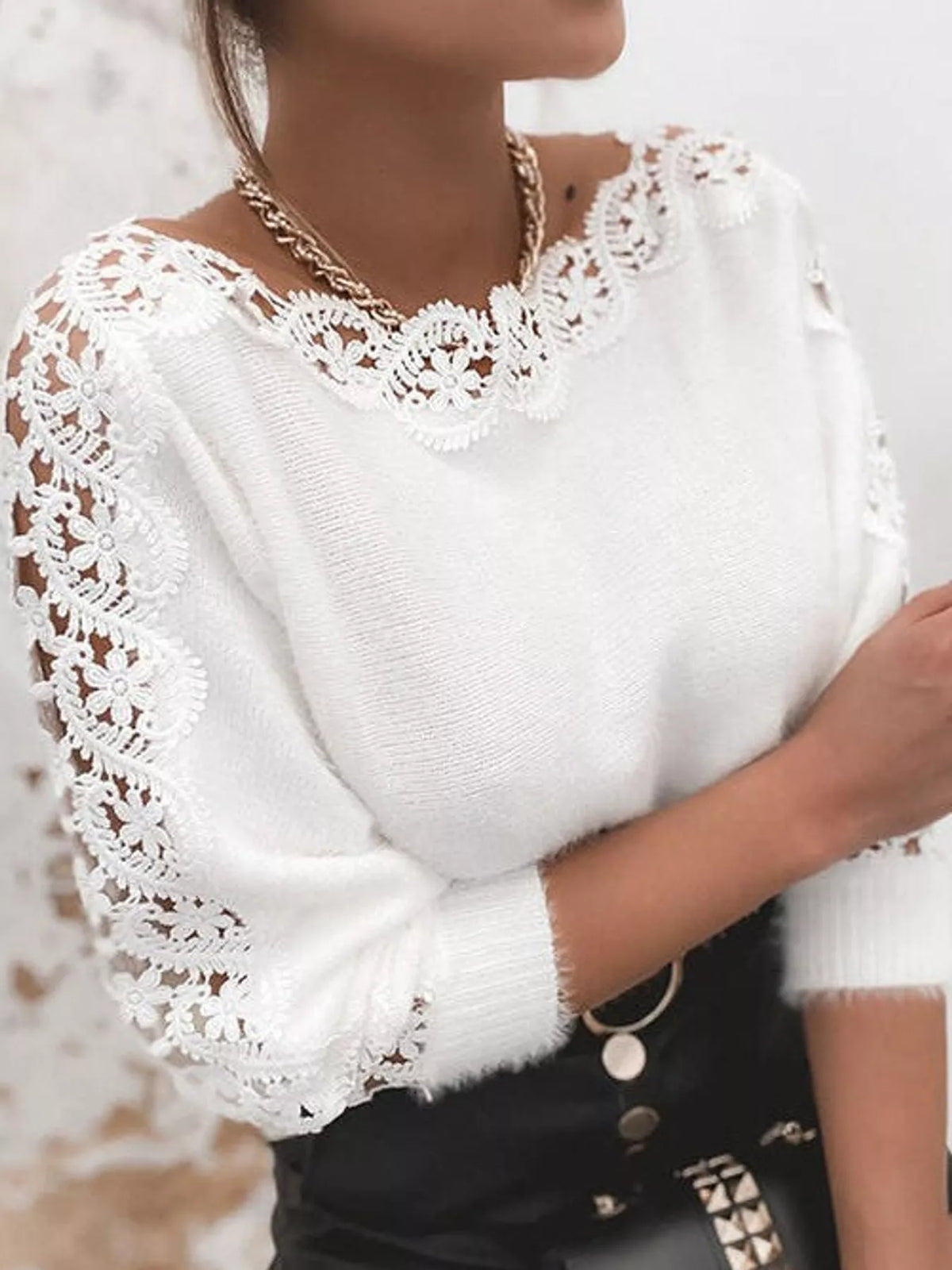 Women's Lace-Trimmed Long Sleeve Sweater in white — front view