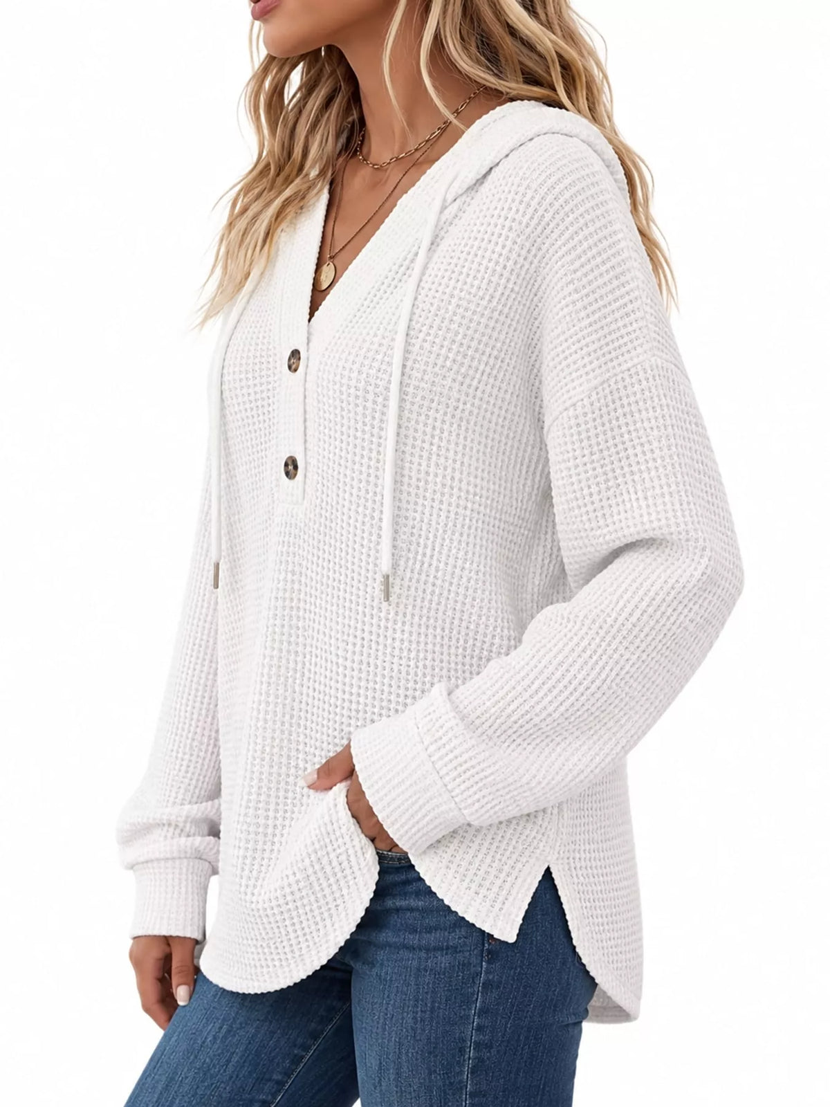 White waffle knit button-detail hoodie, side view