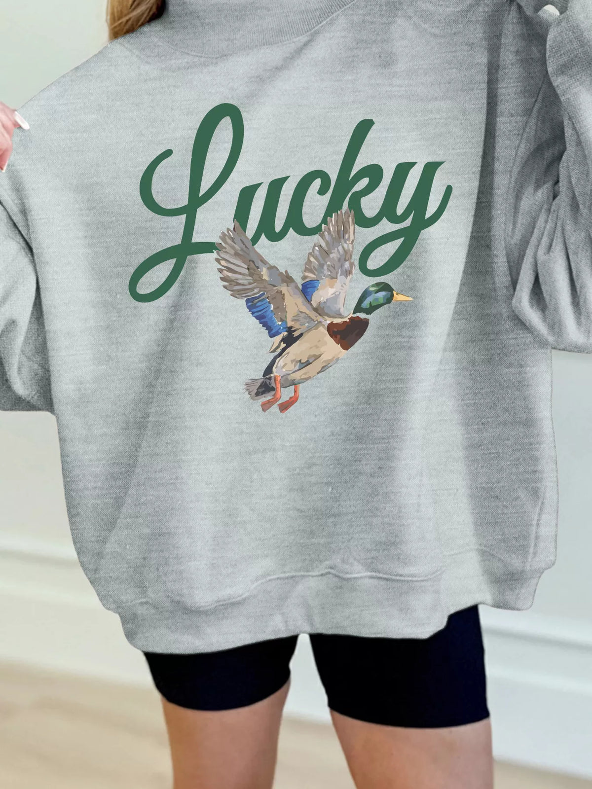 Lucky Mallard Graphic Crew Neck Sweatshirt in gray, front view