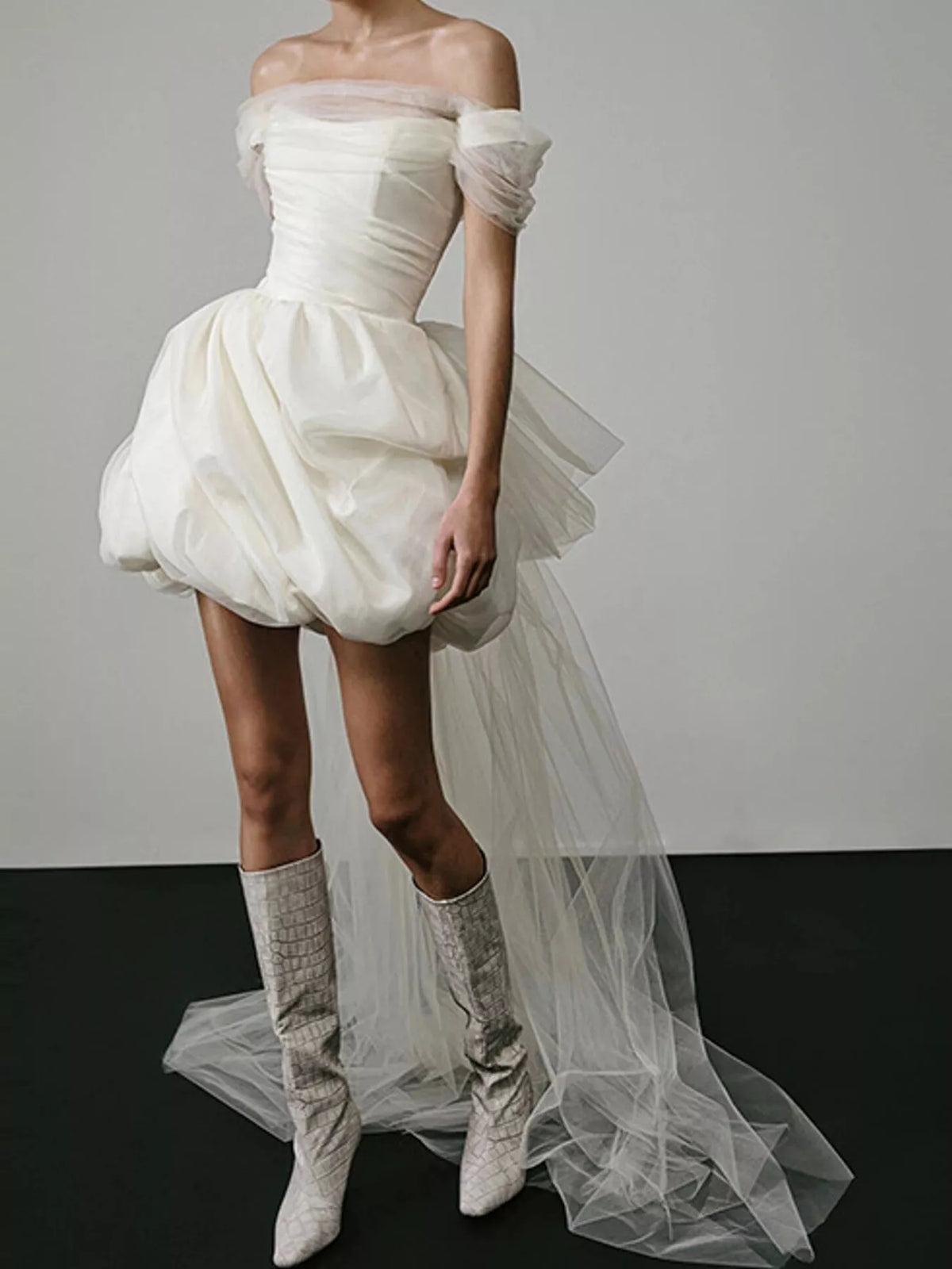 Women's Off-Shoulder Tulle Bubble Mini Dress in white — front view