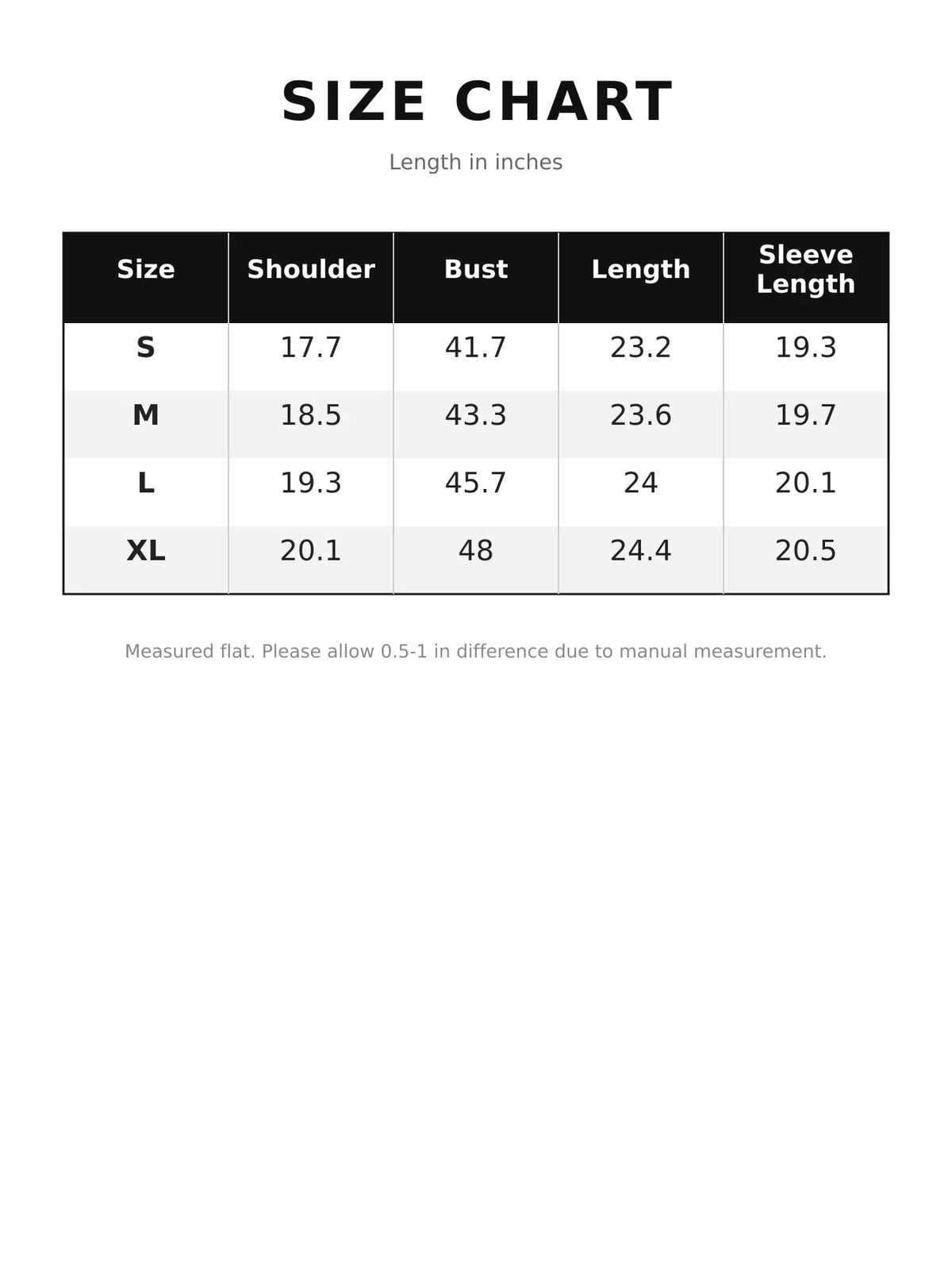 Size chart for sherpa zip-up jacket