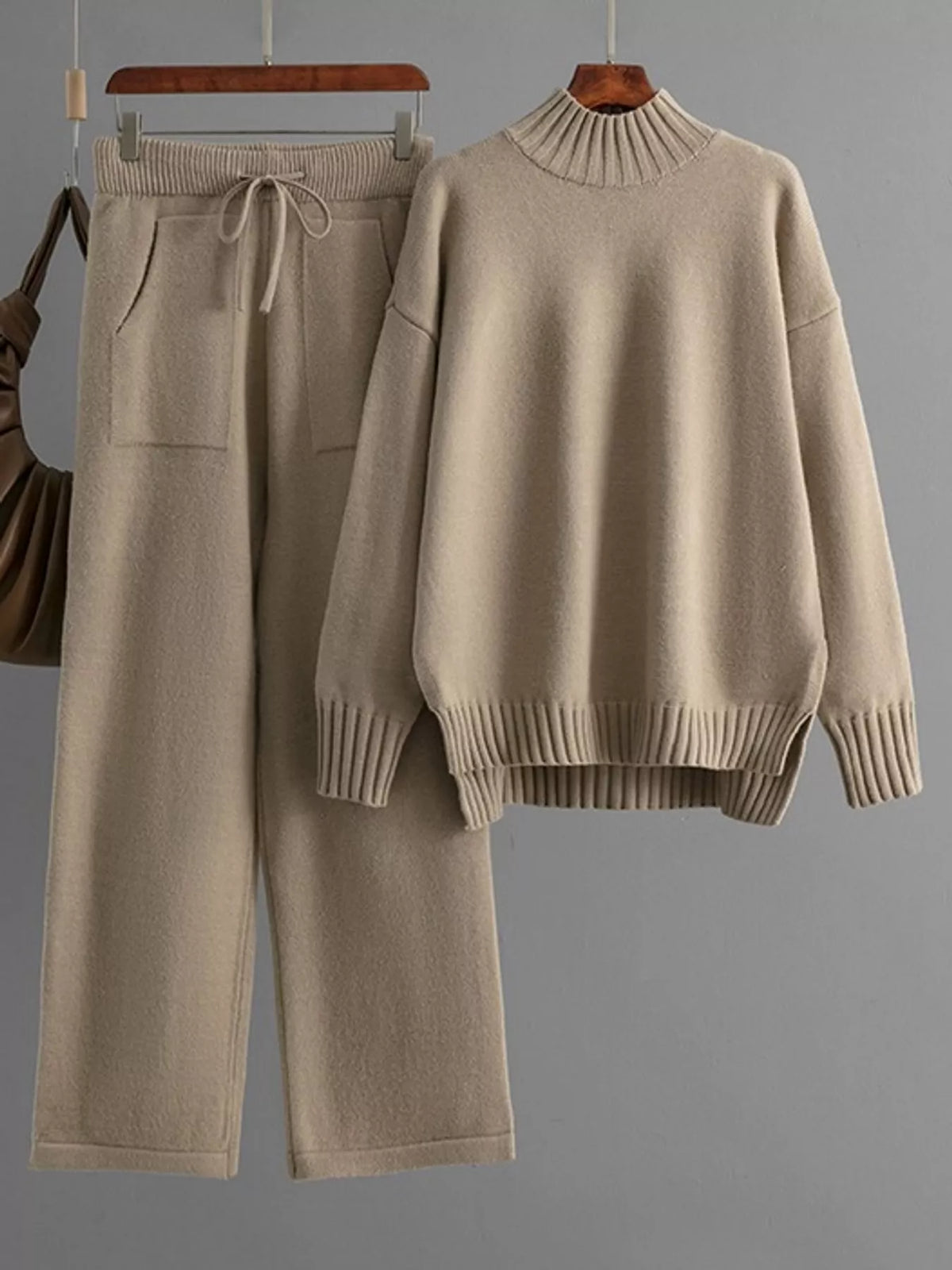 Mock Neck Sweater and Wide-Leg Pants Knit Set — garment front