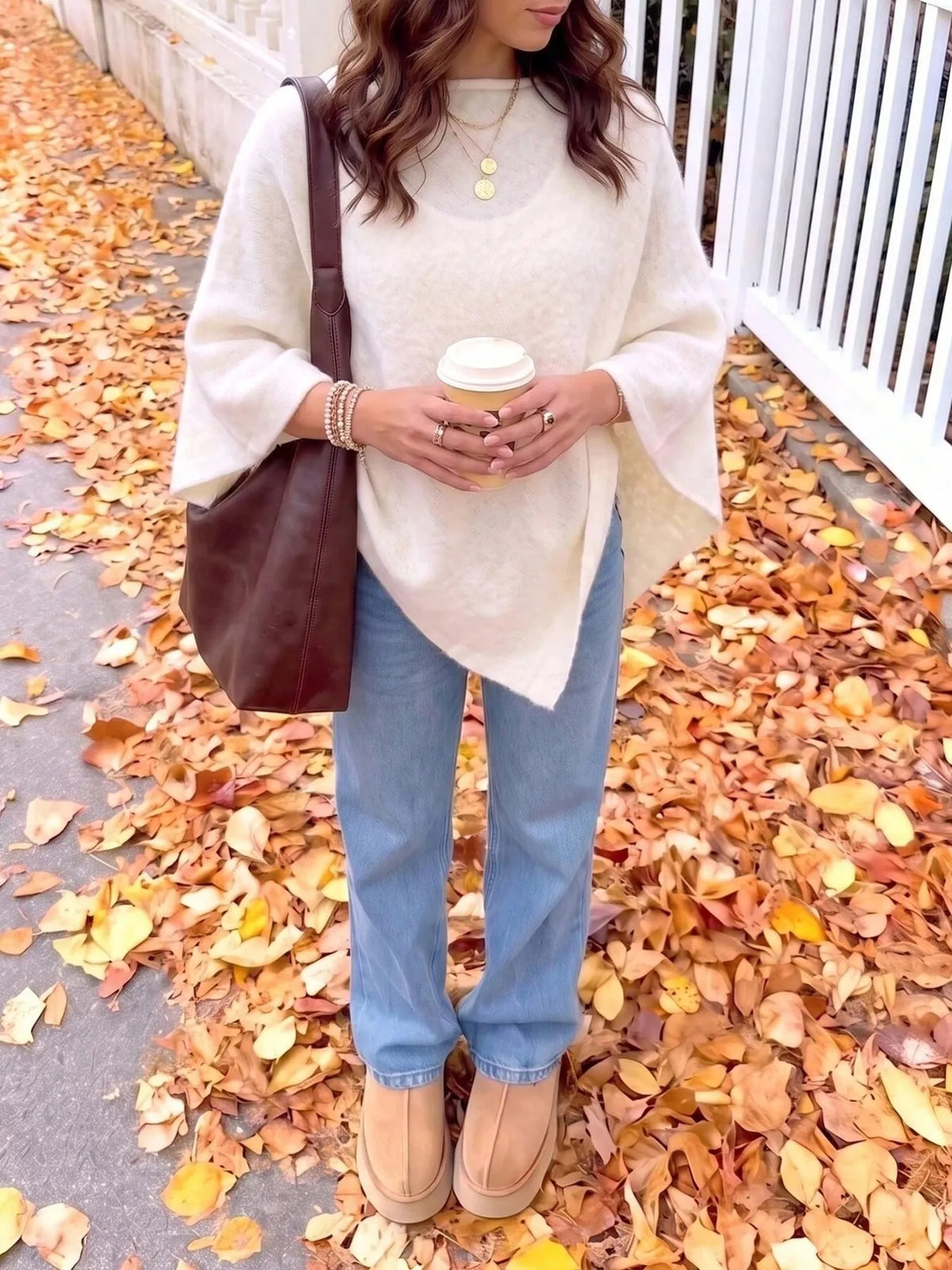 Milky White Oversized Round Neck Cape Sweater, front view