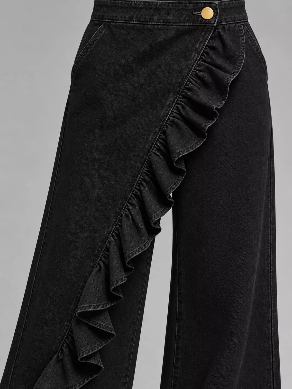 Asymmetrical Ruffled Wide-Leg Jeans, detail view in black