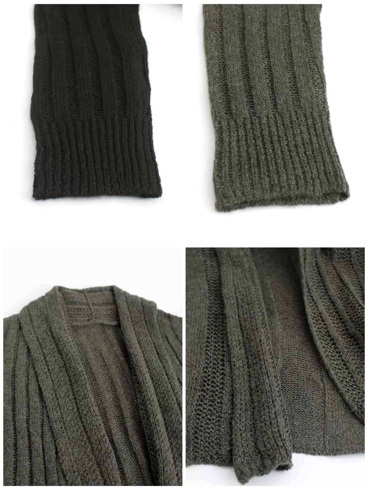 Dark Gray ribbed knit open front flared cardigan, detail view