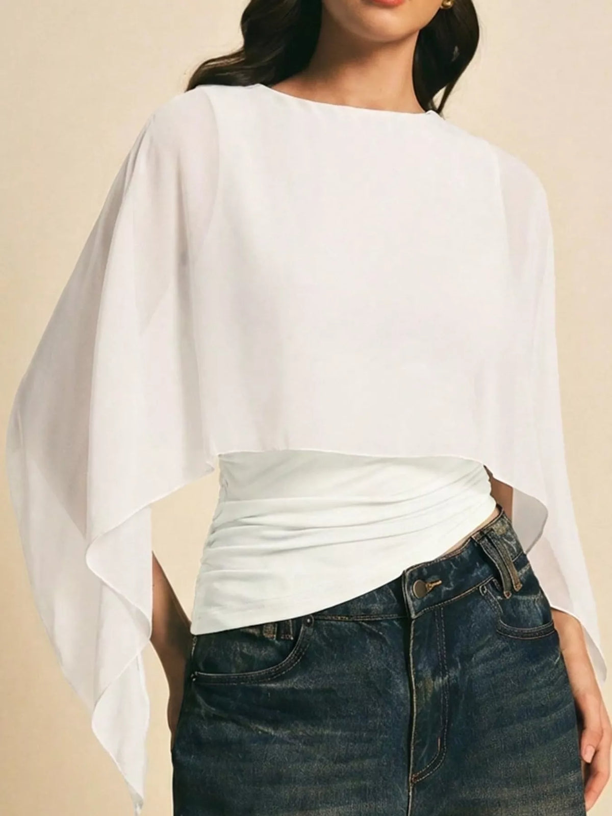 White cape sleeve round neck blouse