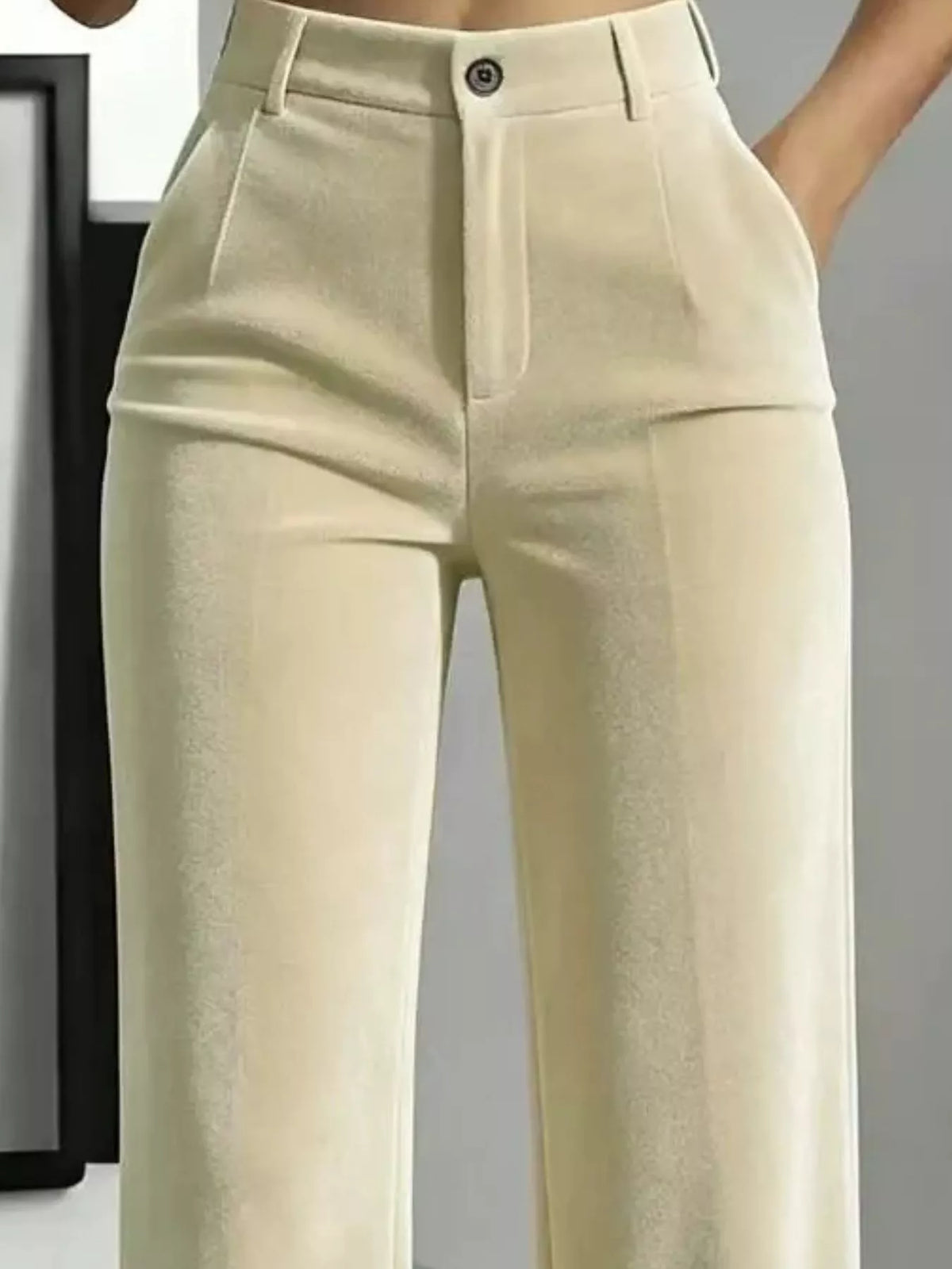 Cream velvet pants, buttoned waist, belt loops, and side pockets