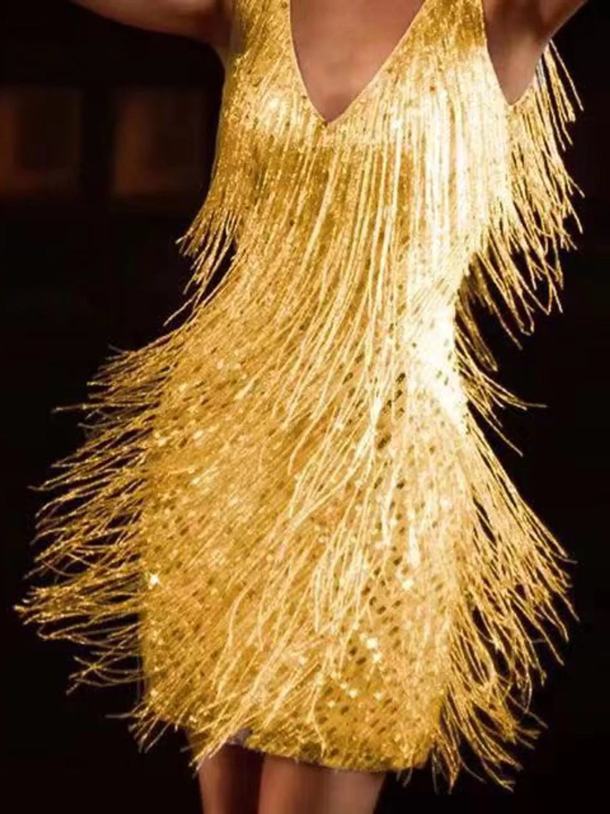 Gold fringe sequin v-neck mini dress